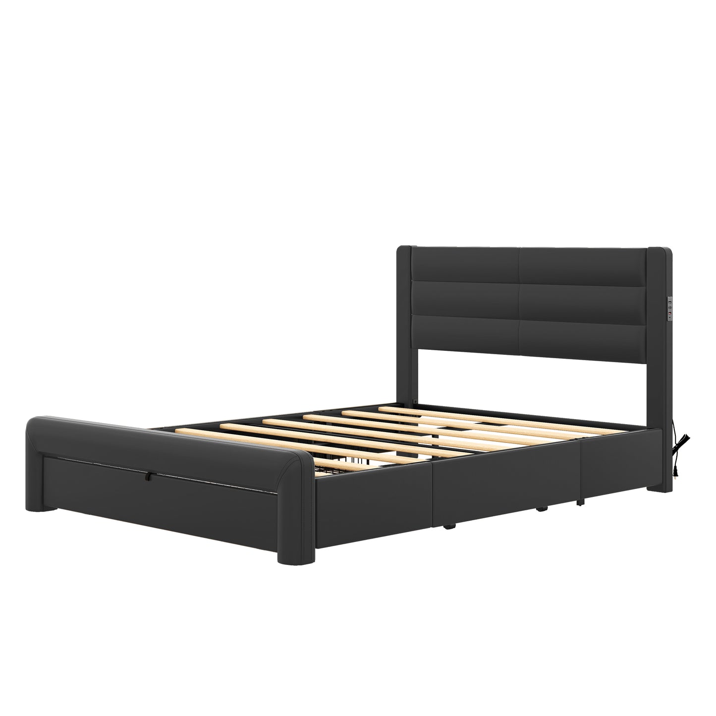 Queen Size Bed Frame with Drawers Storage, Leather Upholstered Platform Bed with Charging Station, Black