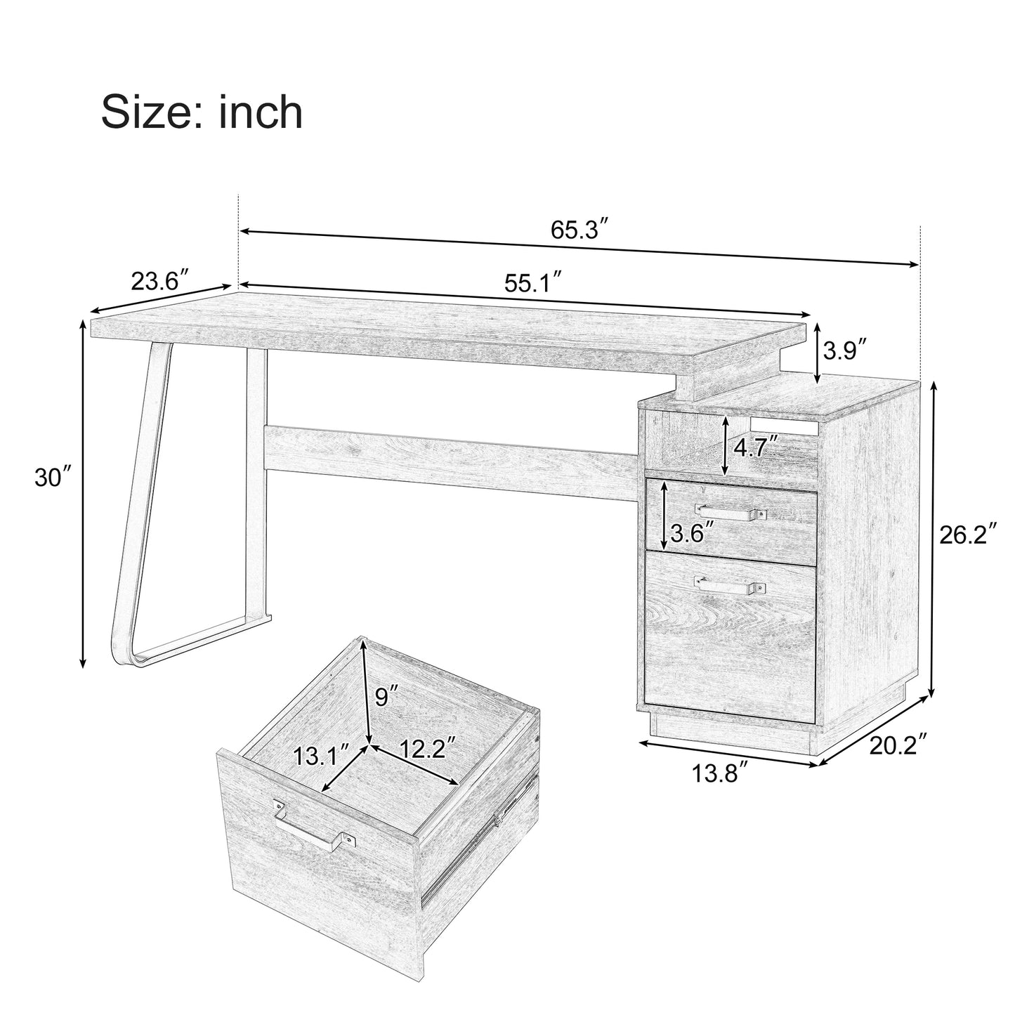 65-Inch Brown Writing Desk with File Cabinet and Drawer Storage