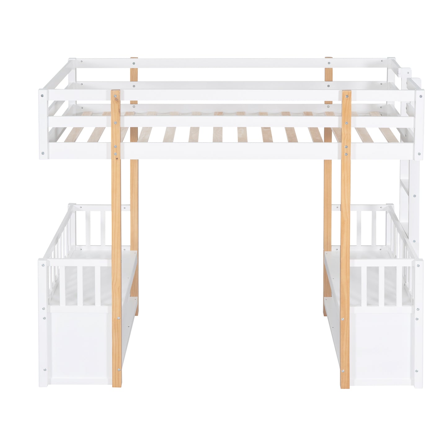 Wood Twin Size Loft Bed with 2 Seats and a Ladder, White