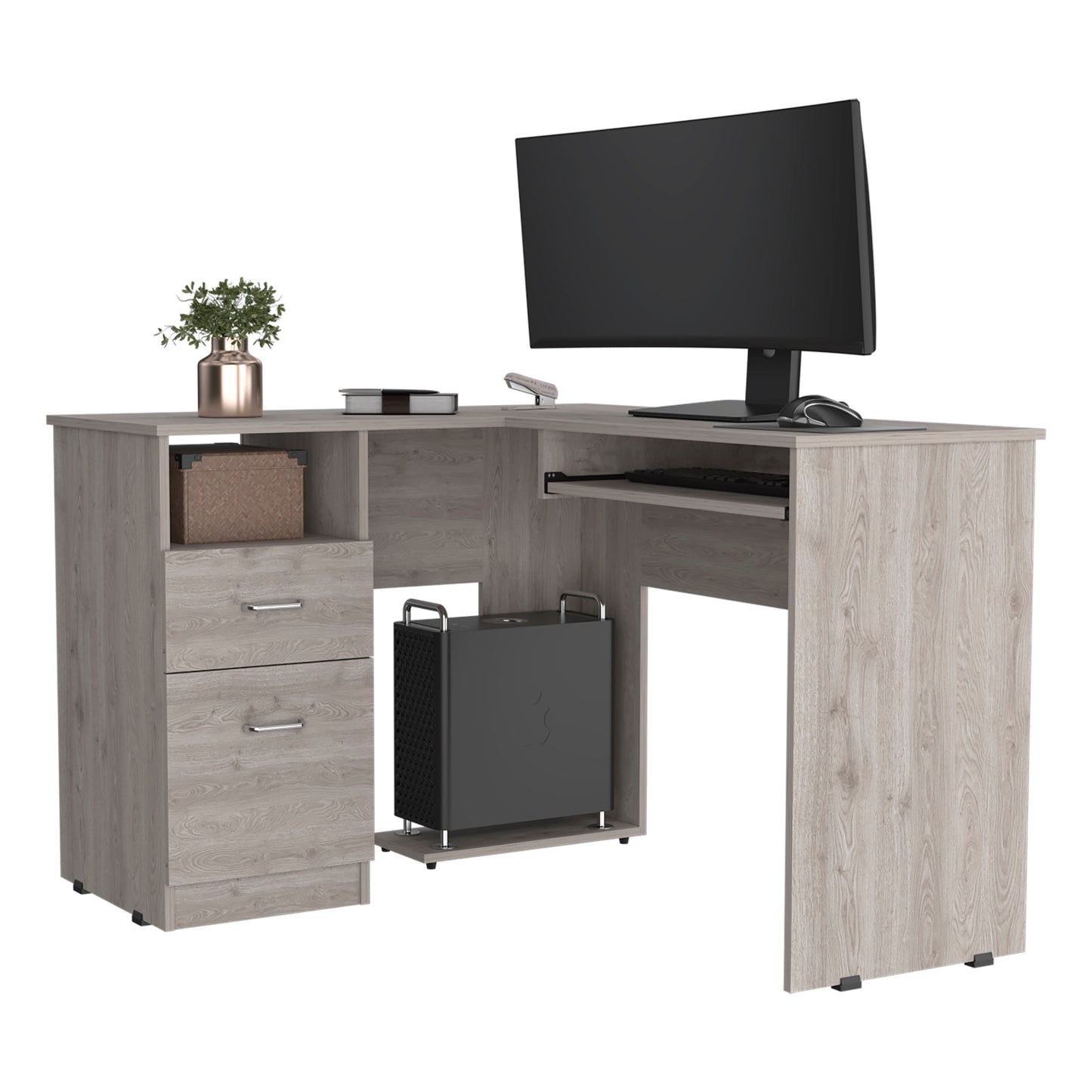 L-Shaped Computer Workstation with Drawer and Shelf in Light Gray