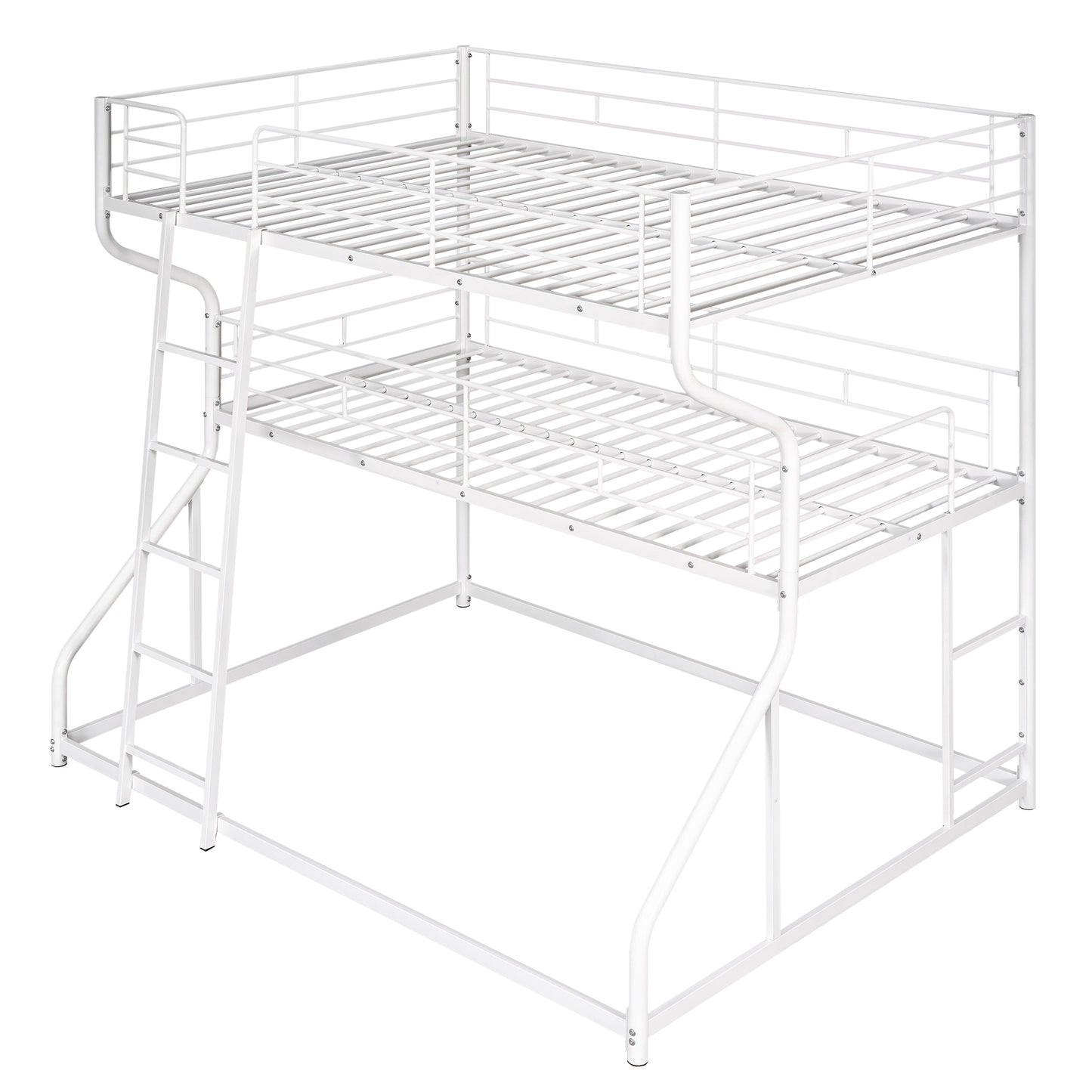 White Triple Bunk Bed Set with Full XL, Twin XL, and Queen Size Layers