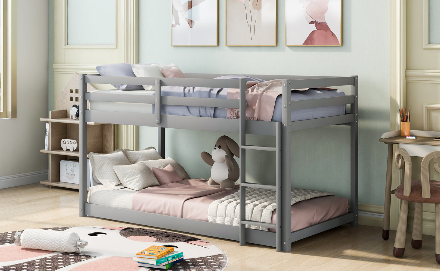 Gray Twin Bunk Bed with Low Floor Design