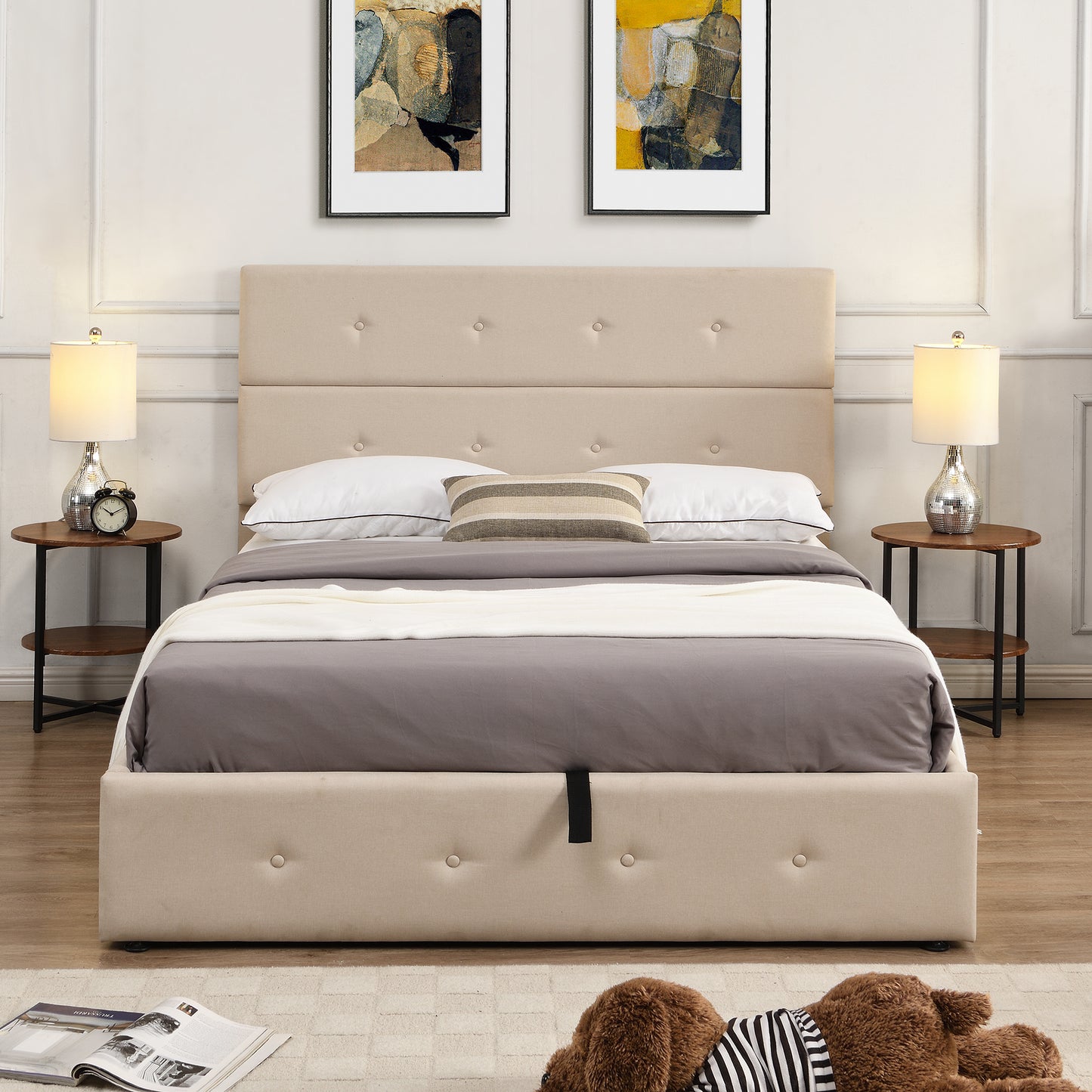 Upholstered Platform Bed with Underneath Storage,Full Size,Beige