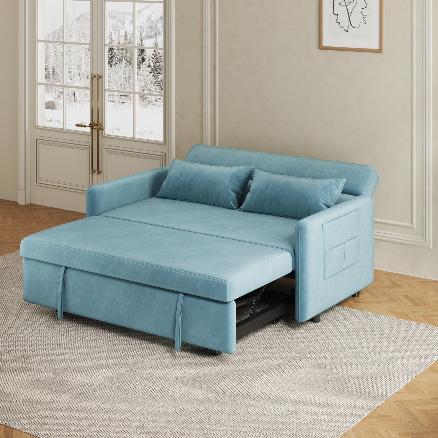 Sofa Pull Out Bed Included Two Pillows 54" Velvet Sofa for Small Spaces Teal