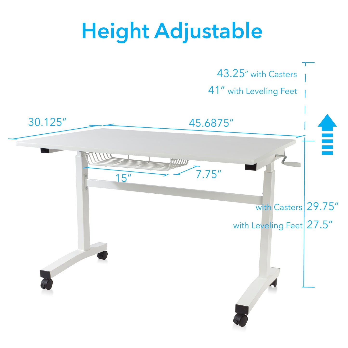 Atlantic White Adjustable Desk with Casters and Side Crank