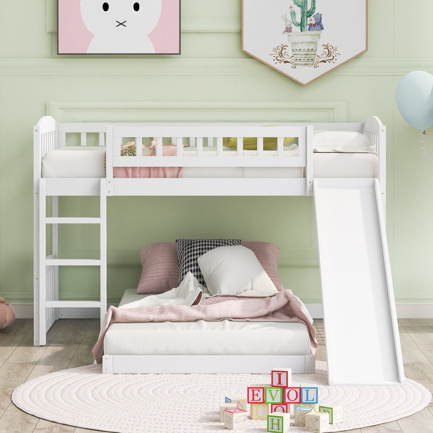 White Twin Bunk Bed with Slide, Ladder, and Space-Saving Design