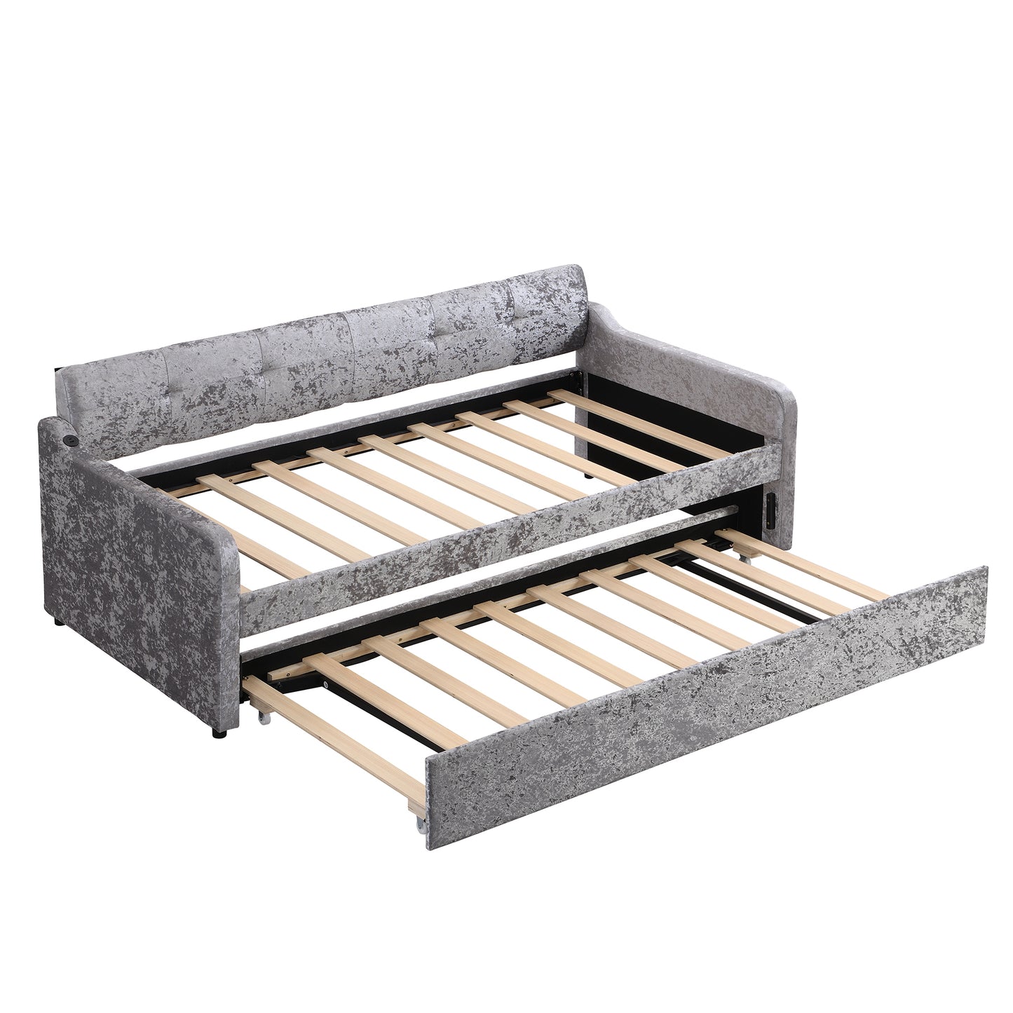 Twin Size Snowflake Velvet Daybed with Trundle and USB Charging Design,Gray