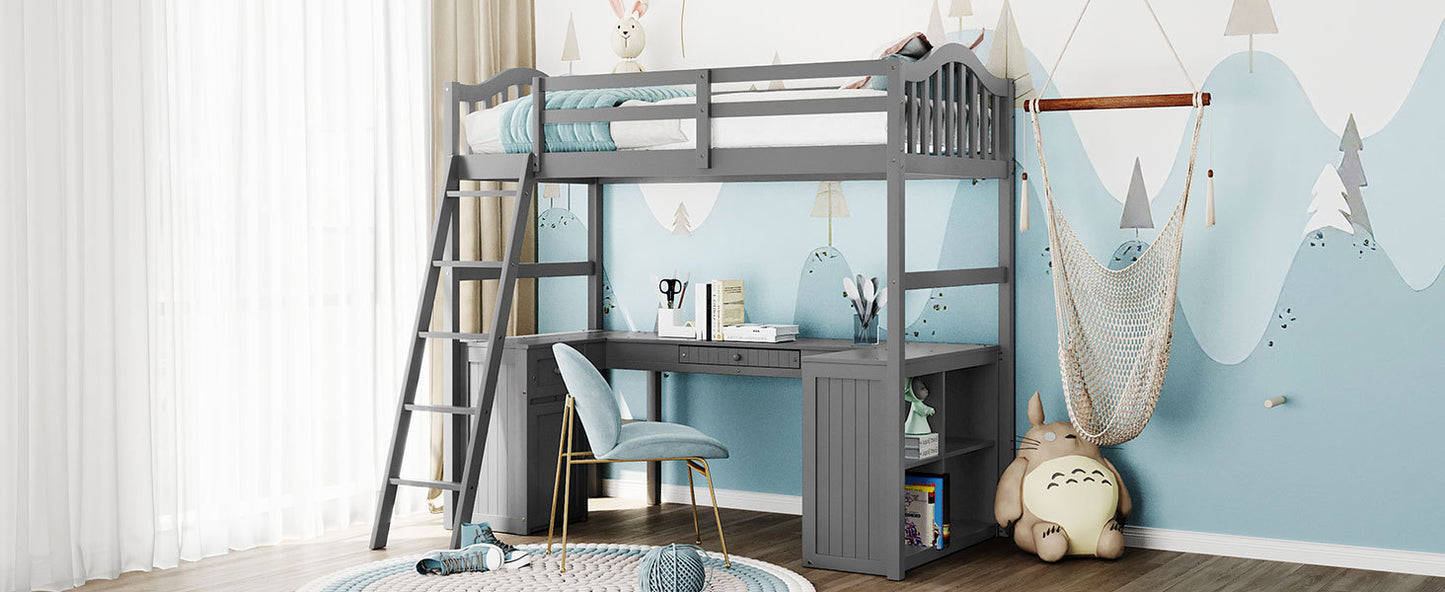 Twin size Loft Bed with Drawers, Cabinet, Shelves and Desk, Wooden Loft Bed with Desk - Gray( :LT000505AAE)