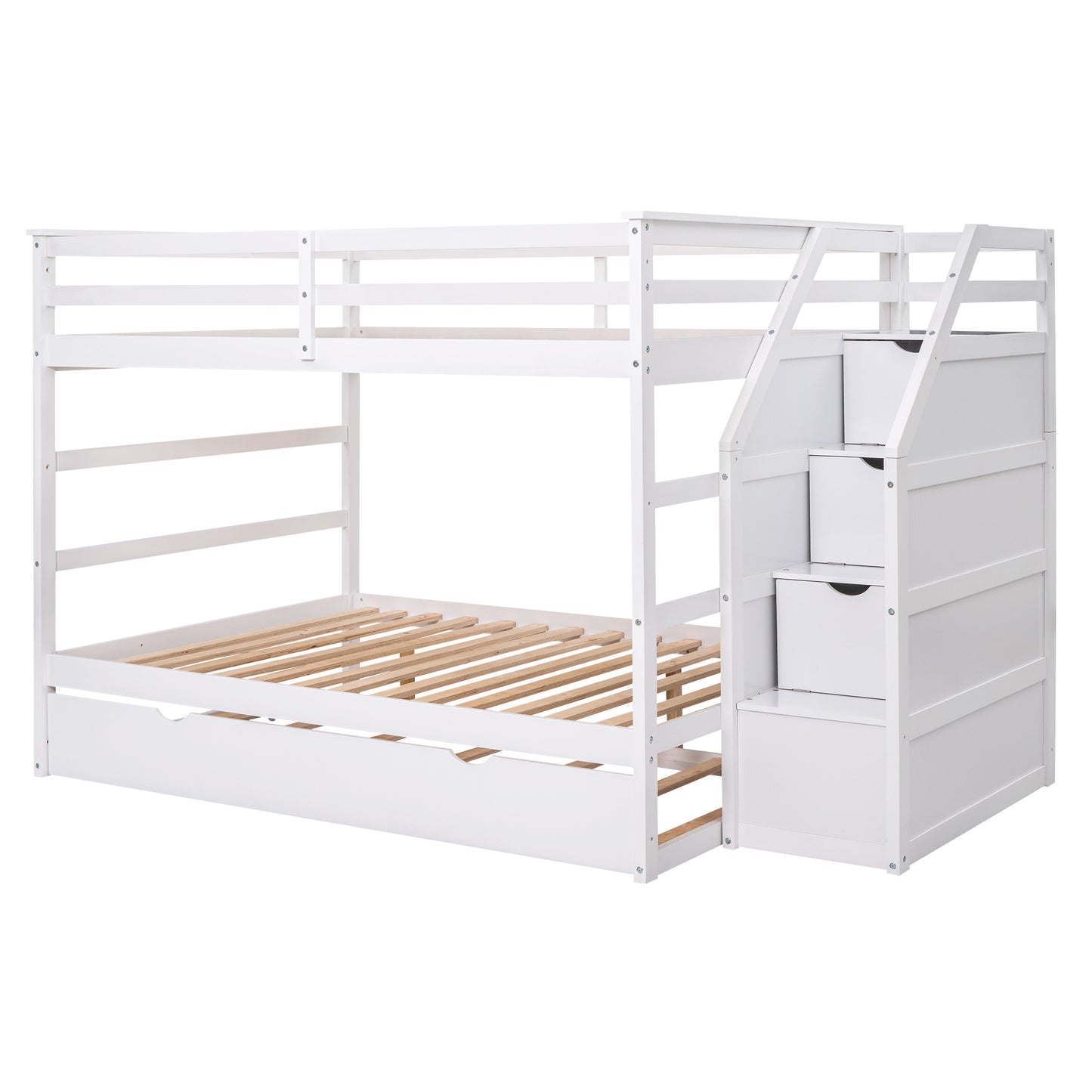 Elegant Full Bunk Bed with Trundle and Storage Stairs, White