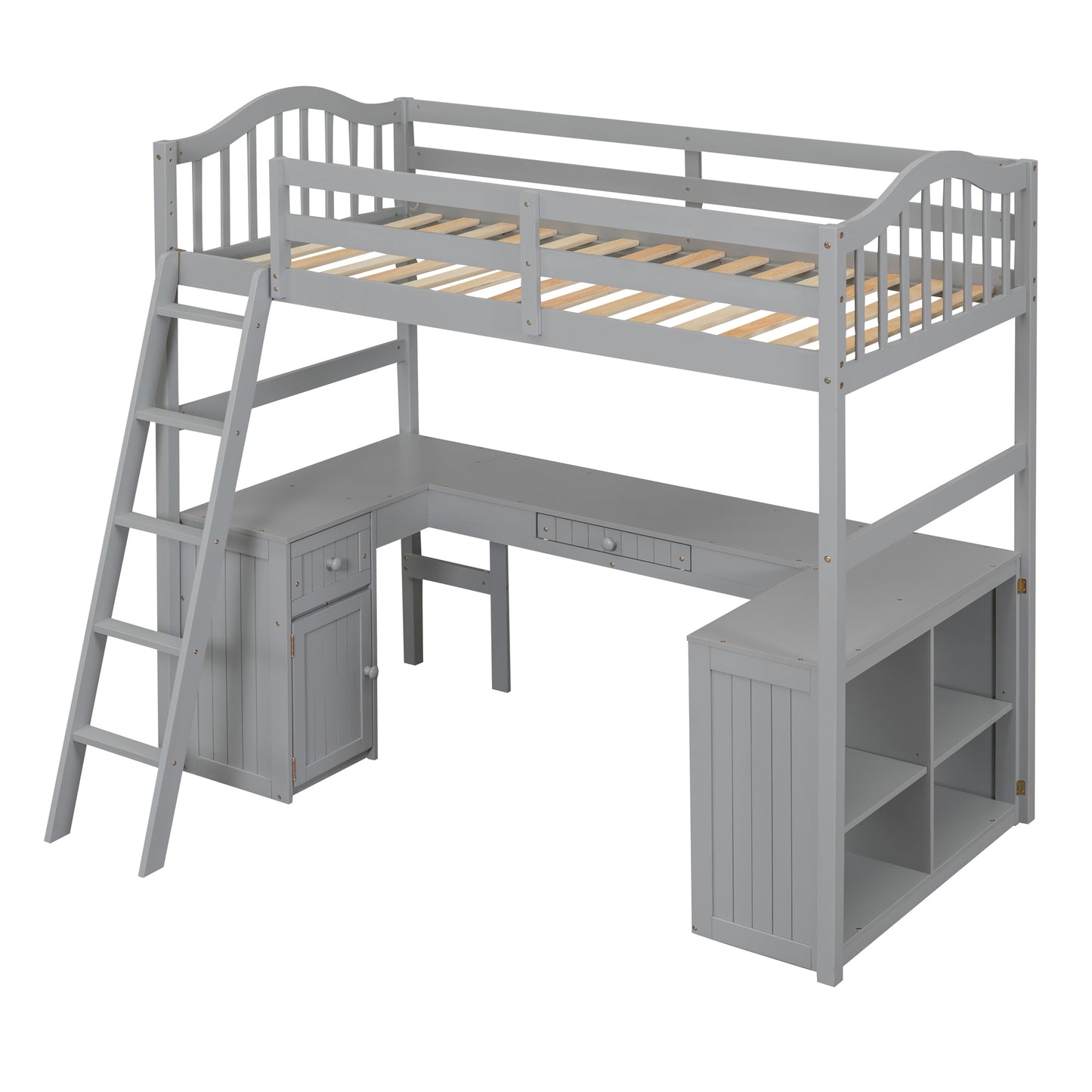 Twin size Loft Bed with Drawers, Cabinet, Shelves and Desk, Wooden Loft Bed with Desk - Gray( :LT000505AAE)