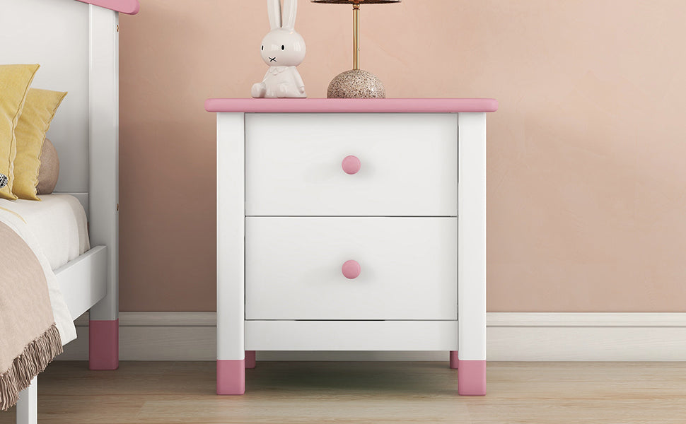 Wooden Nightstand with Two Drawers for Kids,End Table for Bedroom,White+Pink