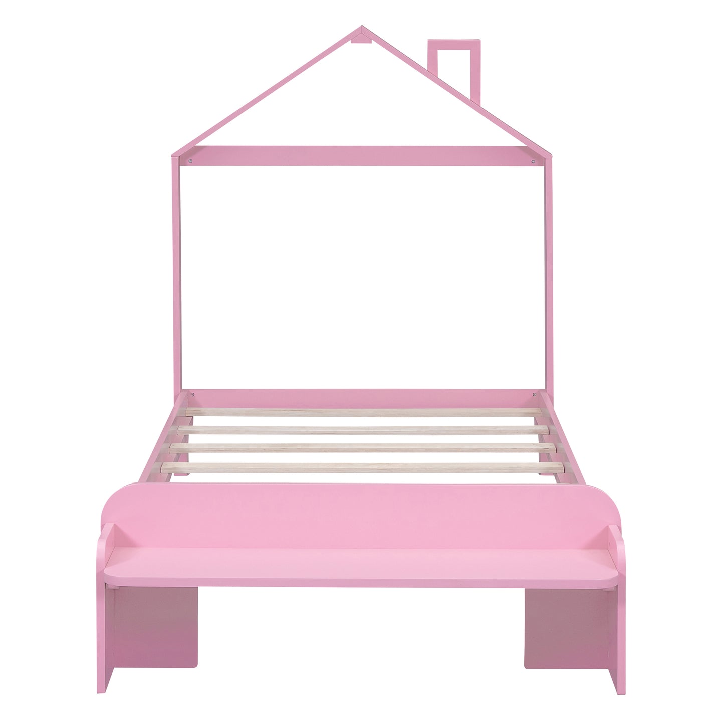 Twin Size Wood Platform Bed with House-shaped Headboard and Footboard Bench,Pink