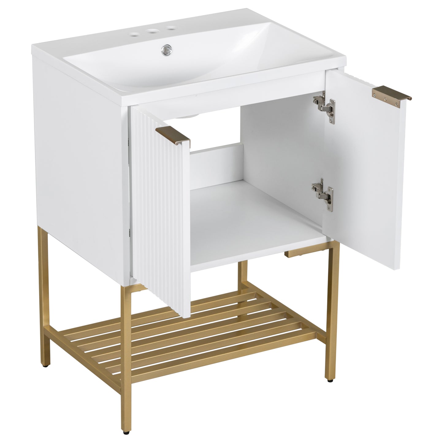 24" Bathroom Vanity with Sink, Bathroom Vanity Cabinet with Two Doors and Gold Metal Frame, Open Storage Shelf, White