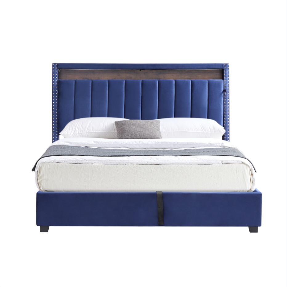 Luxury Gas Lift Storage Bed with RF LED Lights, Storage Headboard ,QUEEN Size ,Velvet Blue