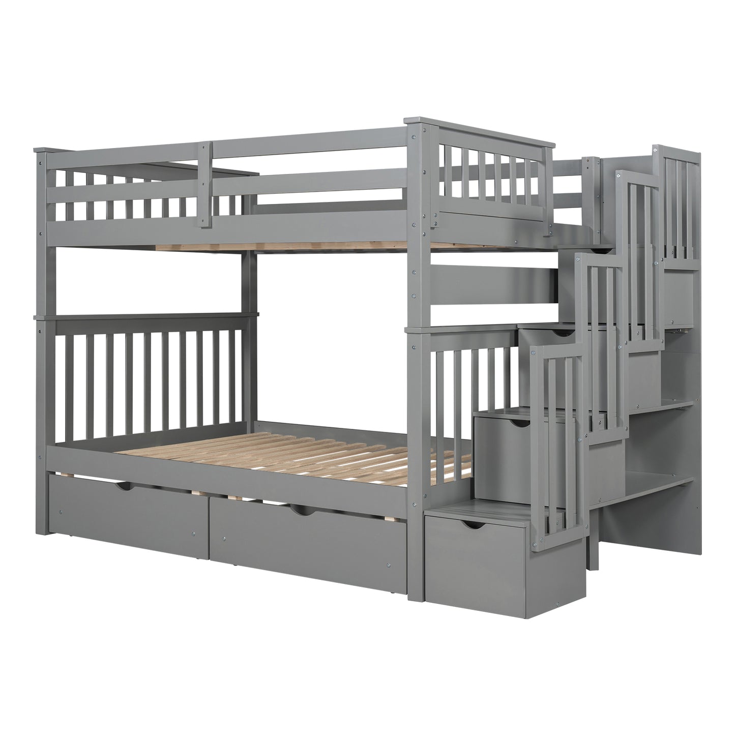 Gray Full Over Full Bunk Bed with Storage Drawers and Shelving