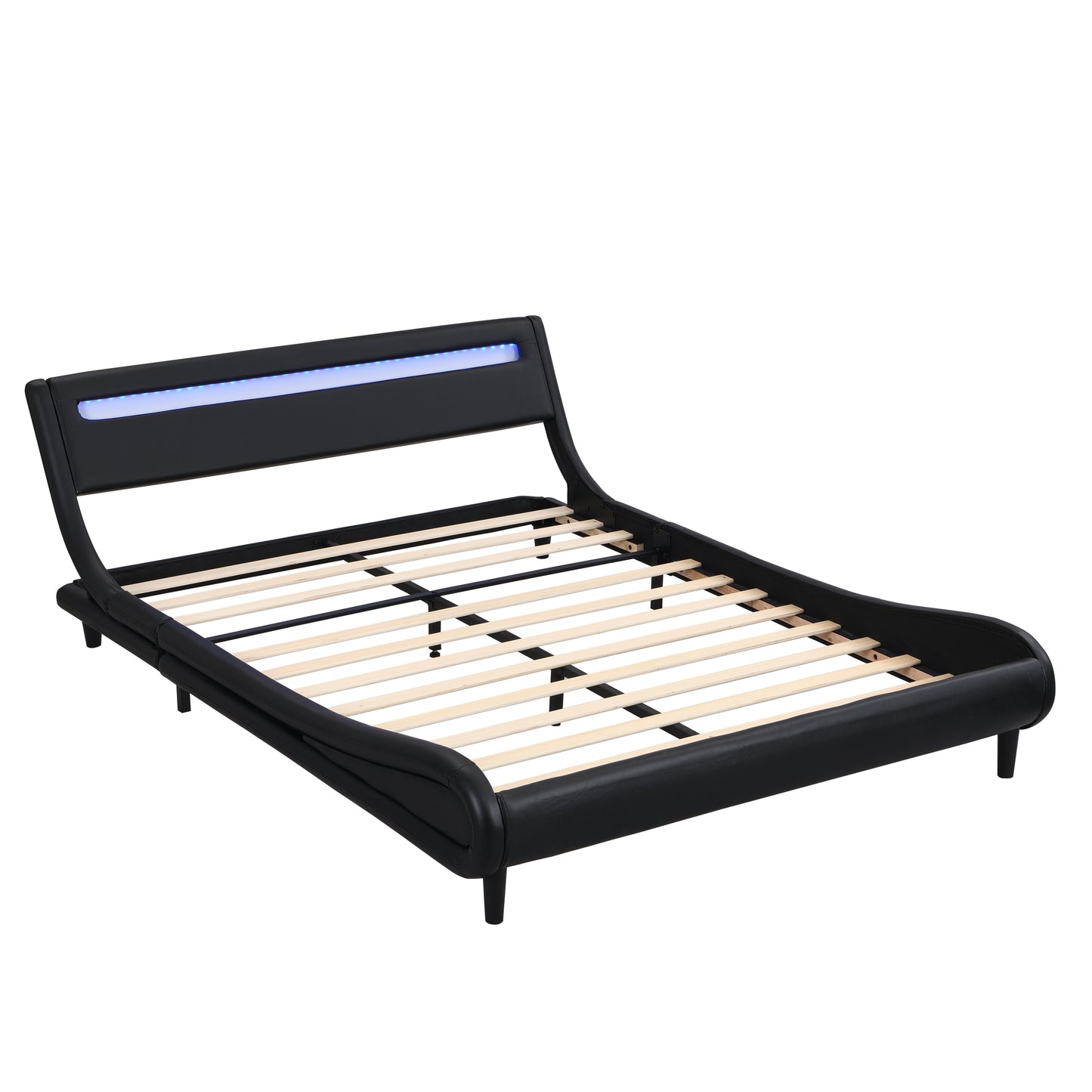 Modern Upholstered Platform Bed Frame with LED Lights Headboard, Faux Leather Wave-Like Bed Frame,Strong Wood Slats Support, Easy Assembly, Black, Queen Size