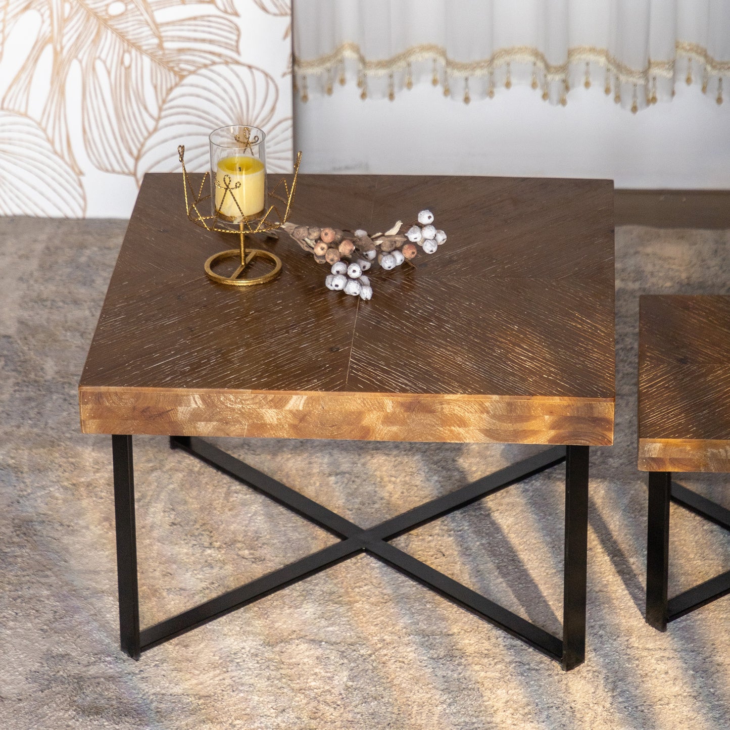 Modern Retro Fir Wood Coffee Table Set - Square Design with Cross Legs Metal Base