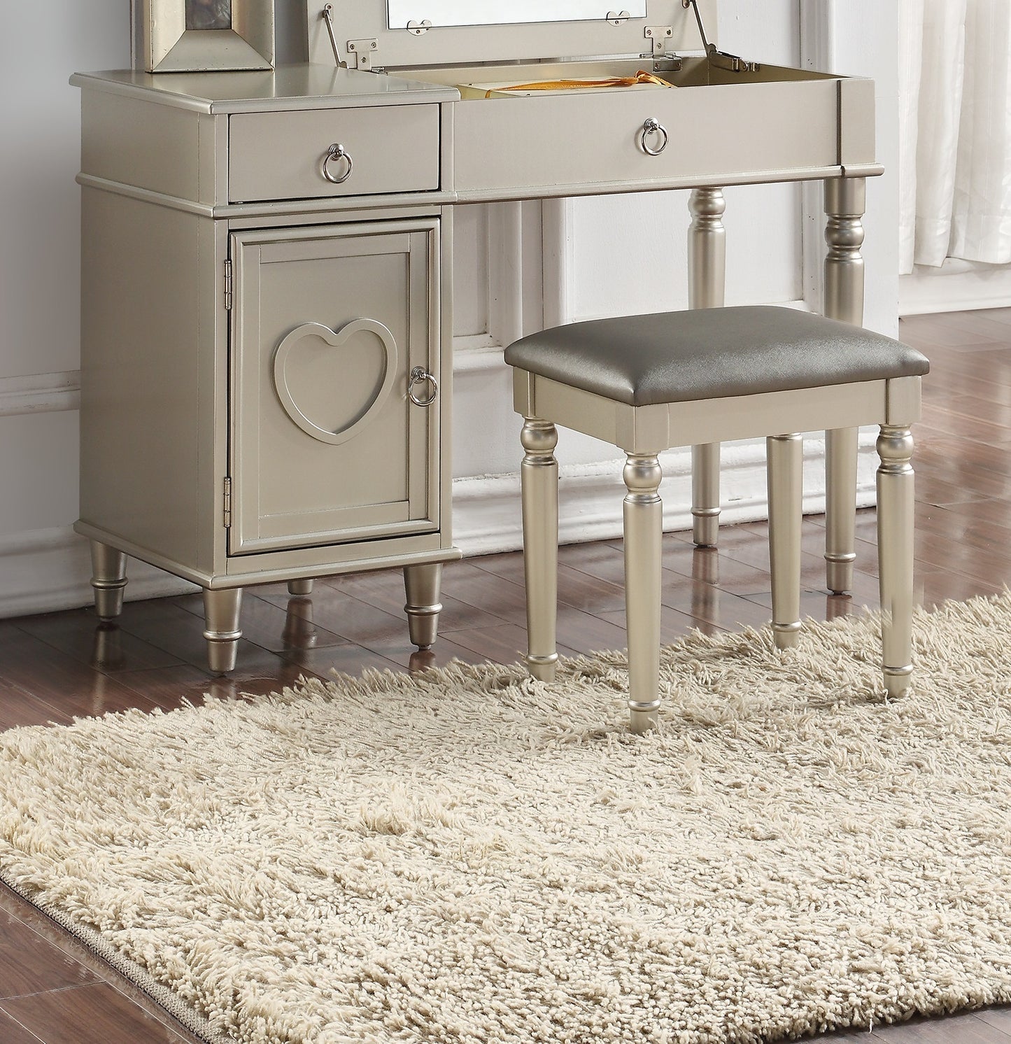 Bedroom Vanity Set w Stool Open Up Mirror Storage Space Drawers Rubber wood Ring Pull Handles Silver Color Vanity