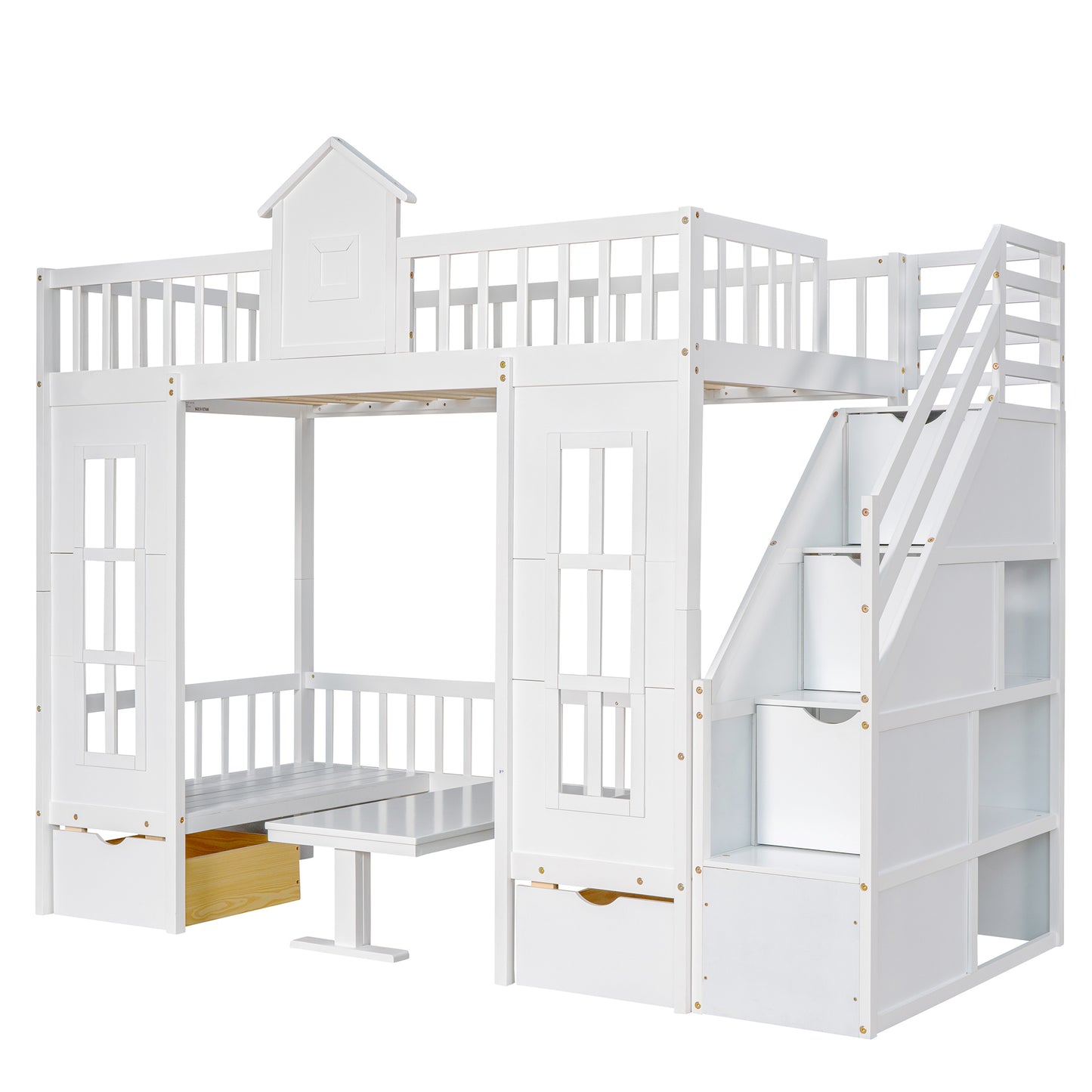 Convertible Twin Bunk Bed with Changeable Table - White - Versatile & Stylish Twin Over Twin Loft Bed