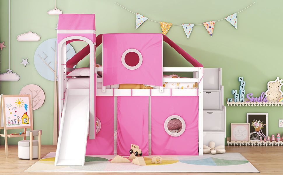 Full Size Loft Bed with Tent and Tower - Pink