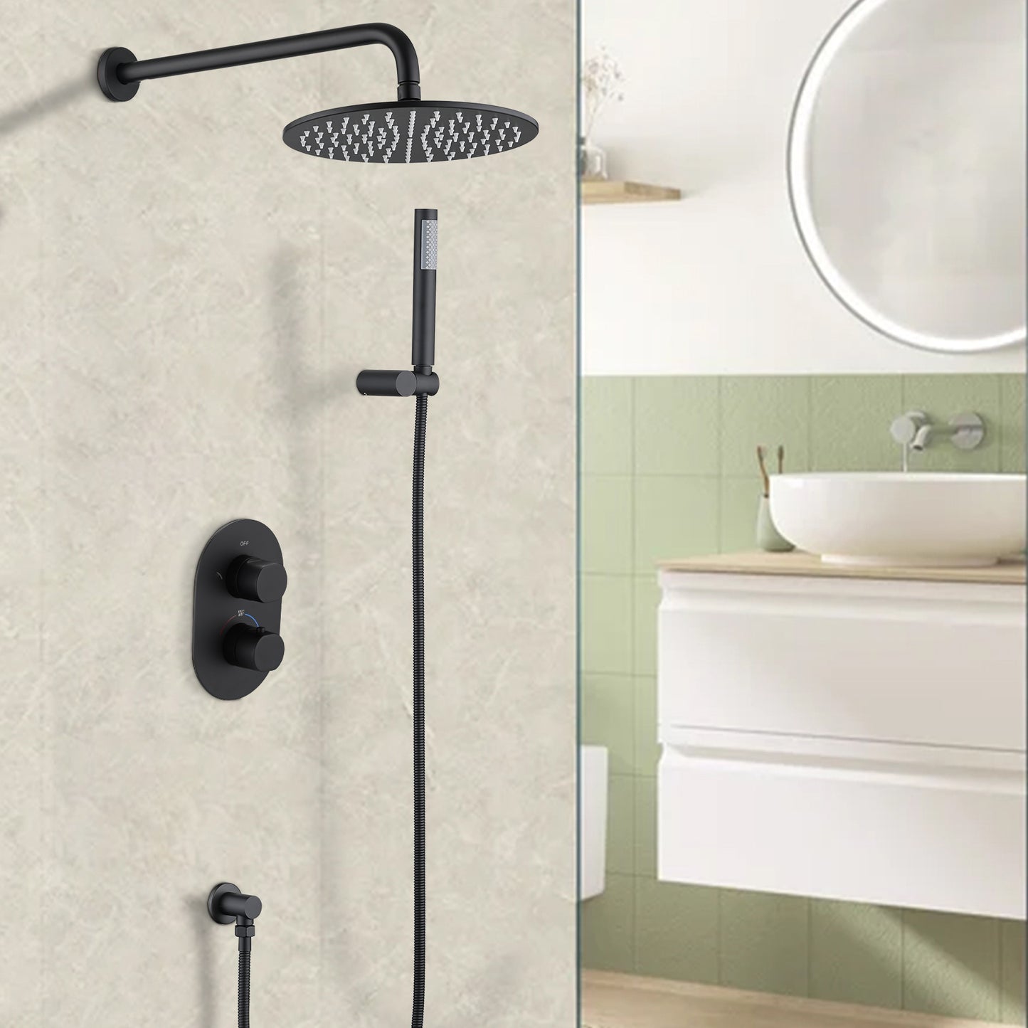 Matte Black Thermostatic Rainfall Shower System with 10 Head