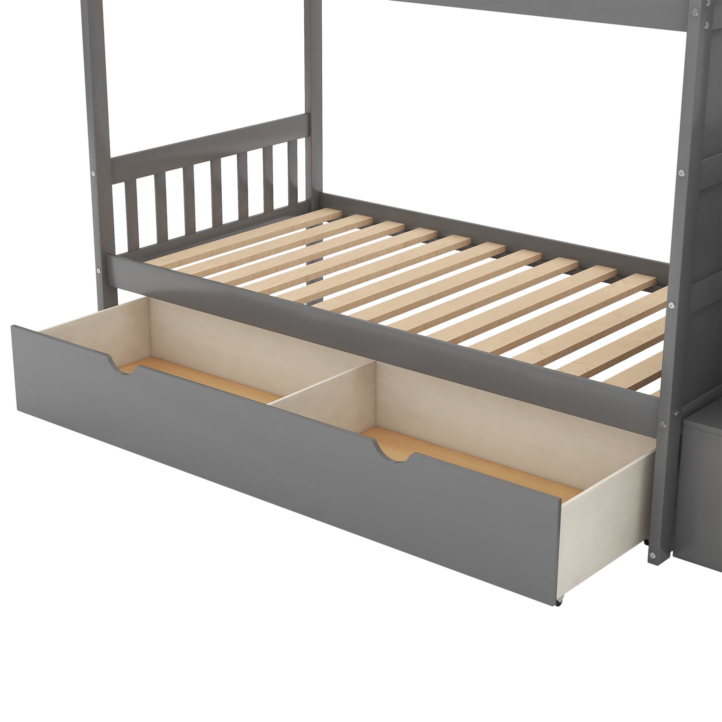 Storage Solution Gray Twin over Full Bunk Bed with Shelves and Drawers