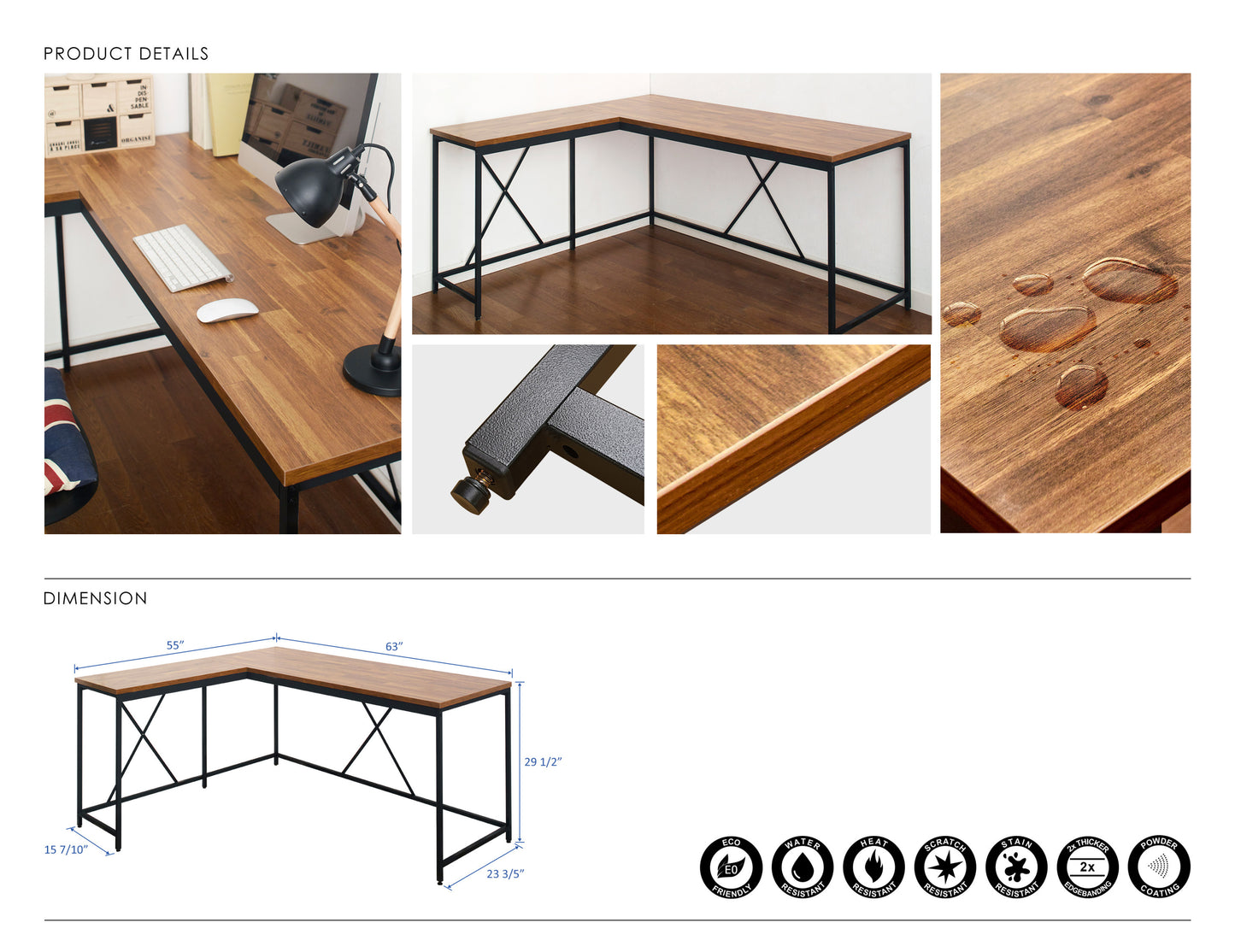 Water and Heat Resistant Acacia and Black Wood Corner Desk with Enhanced Durability