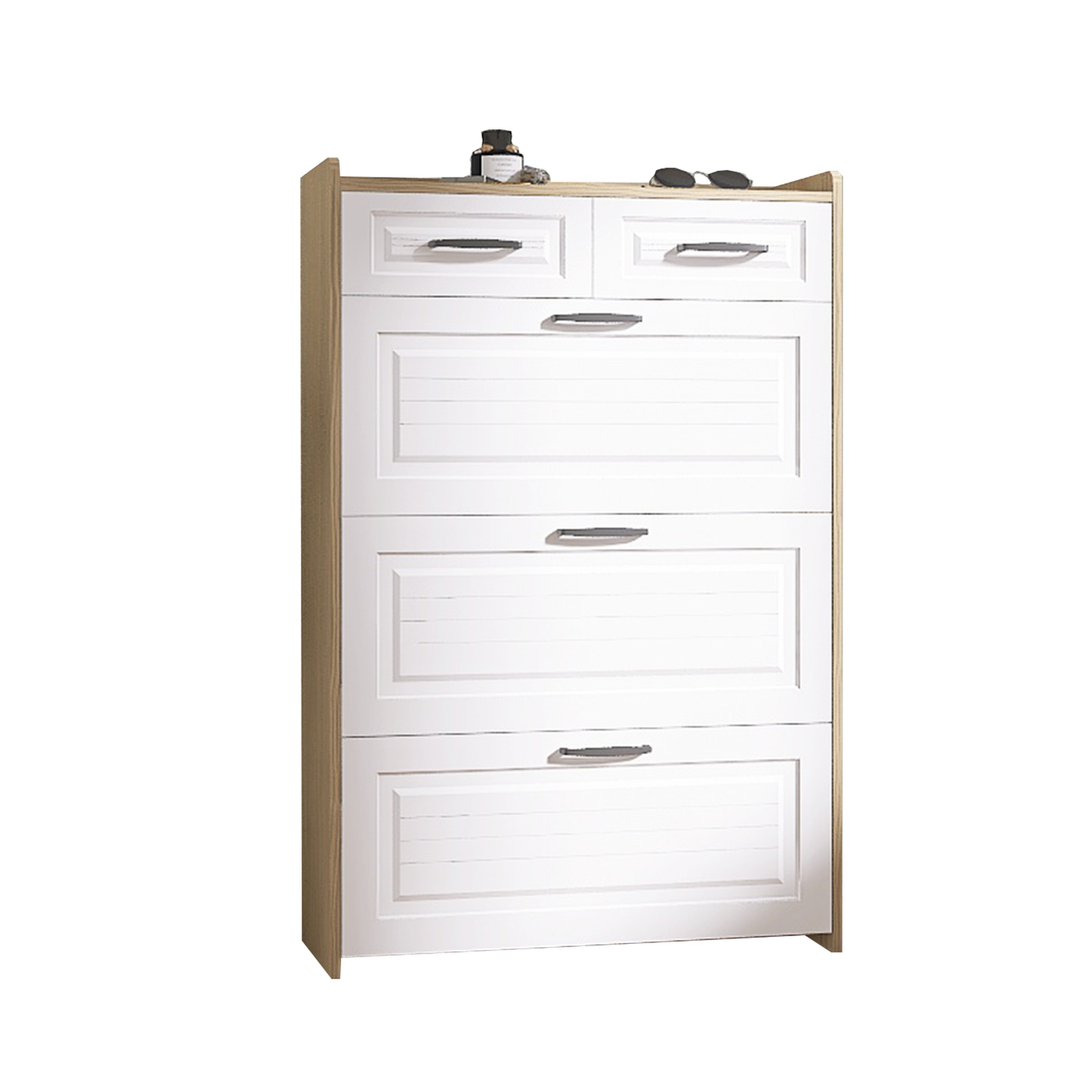 White +Oak Color shoe cabinet  with 3 doors 2 drawers,PVC door with shape ,large space for storage