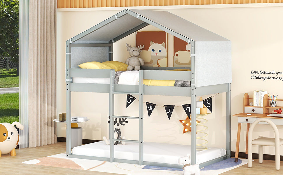 House-Shaped Twin Over Twin Bunk Bed with Tent in Gray Wood