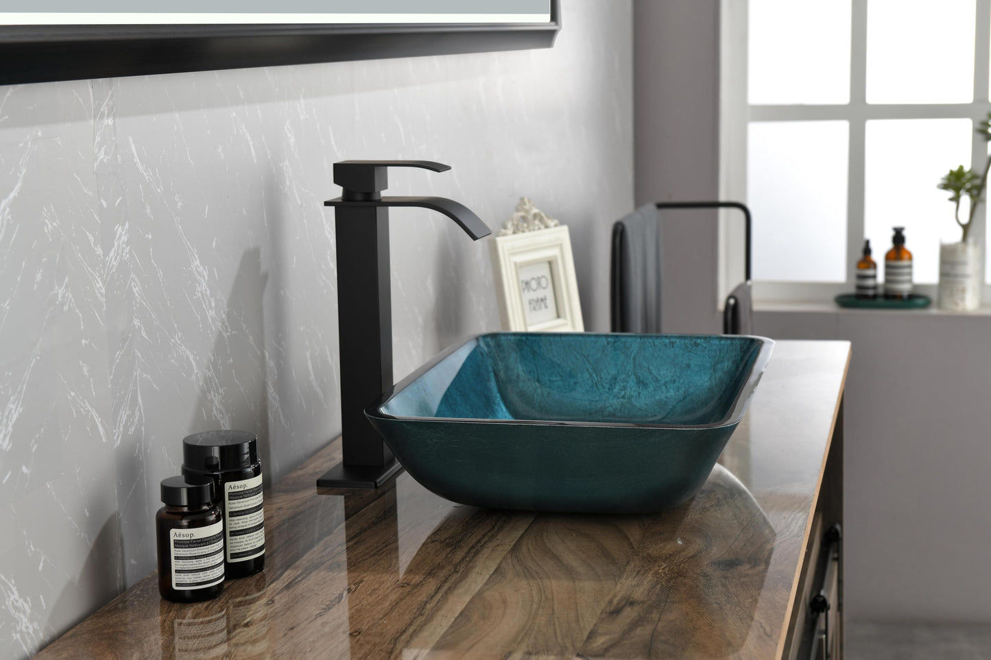 Handcrafted Blue Glass Rectangular Vessel Sink Set with Matte Black Faucet and Pop-Up Drain