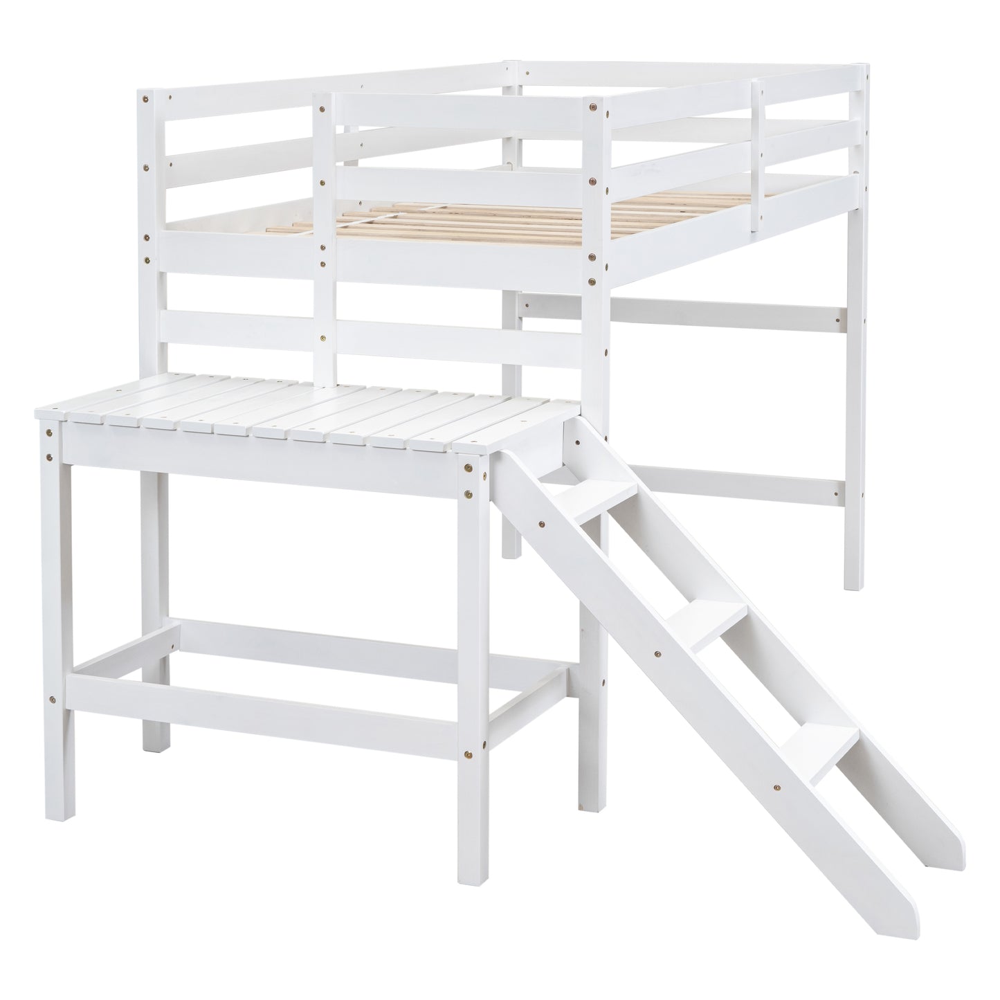 Twin Loft Bed with Platform, ladder,White