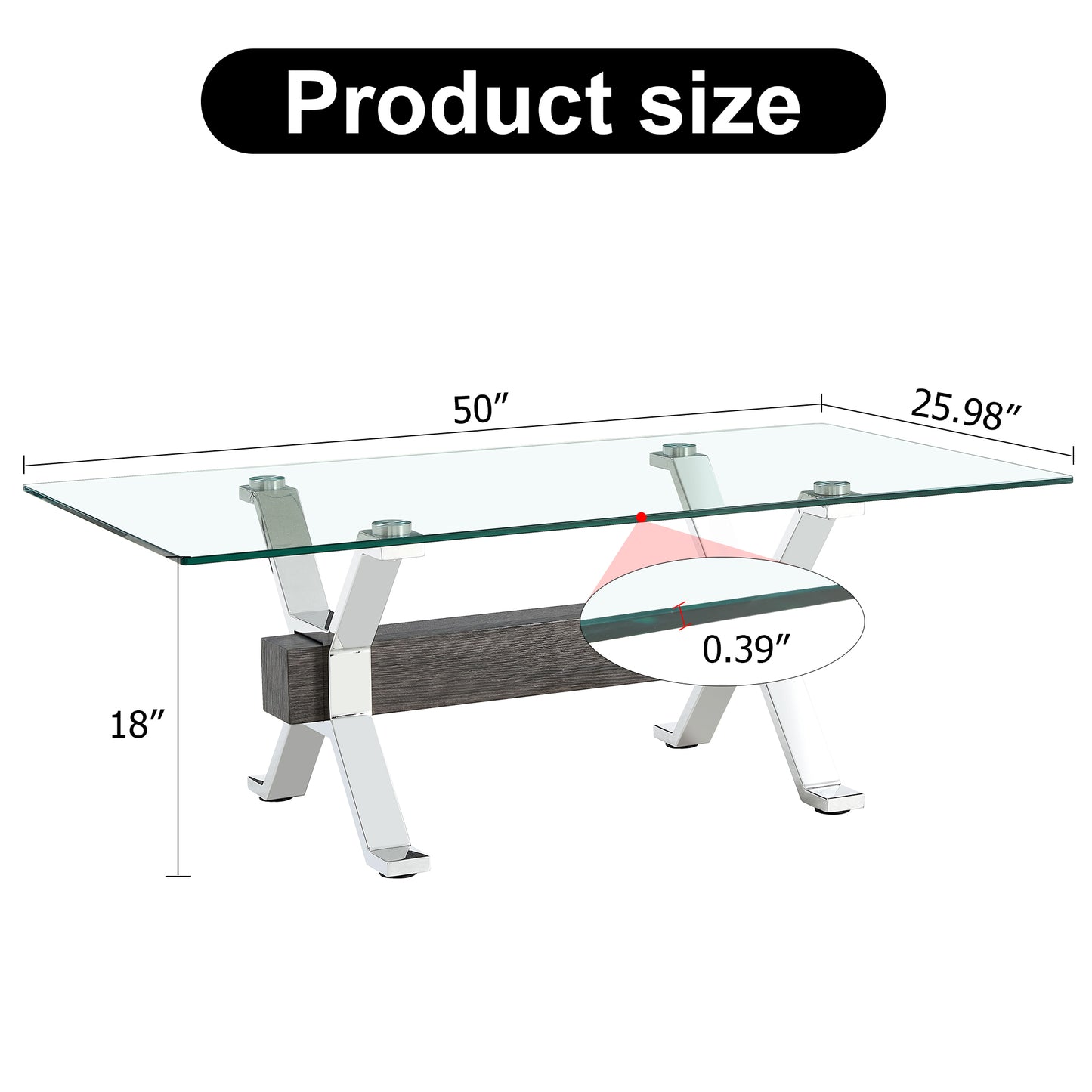 Contemporary Glass Coffee Table with Plated Metal Legs and MDF Crossbar, Ideal for Home and Office