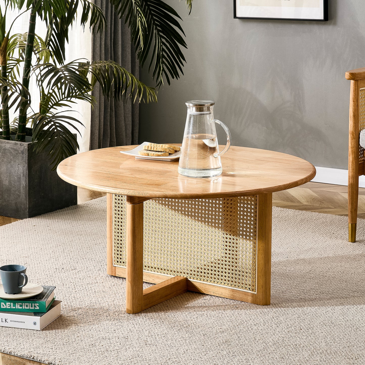 Wooden Coffee Table with Faux Rattan Accents for Stylish Living Spaces