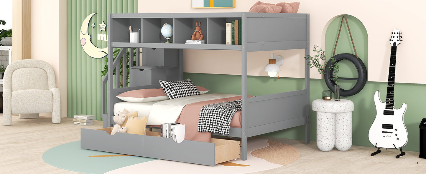 Twin over Full Bunk Bed with Storage Staircase, Drawers, and Shelfs in Gray