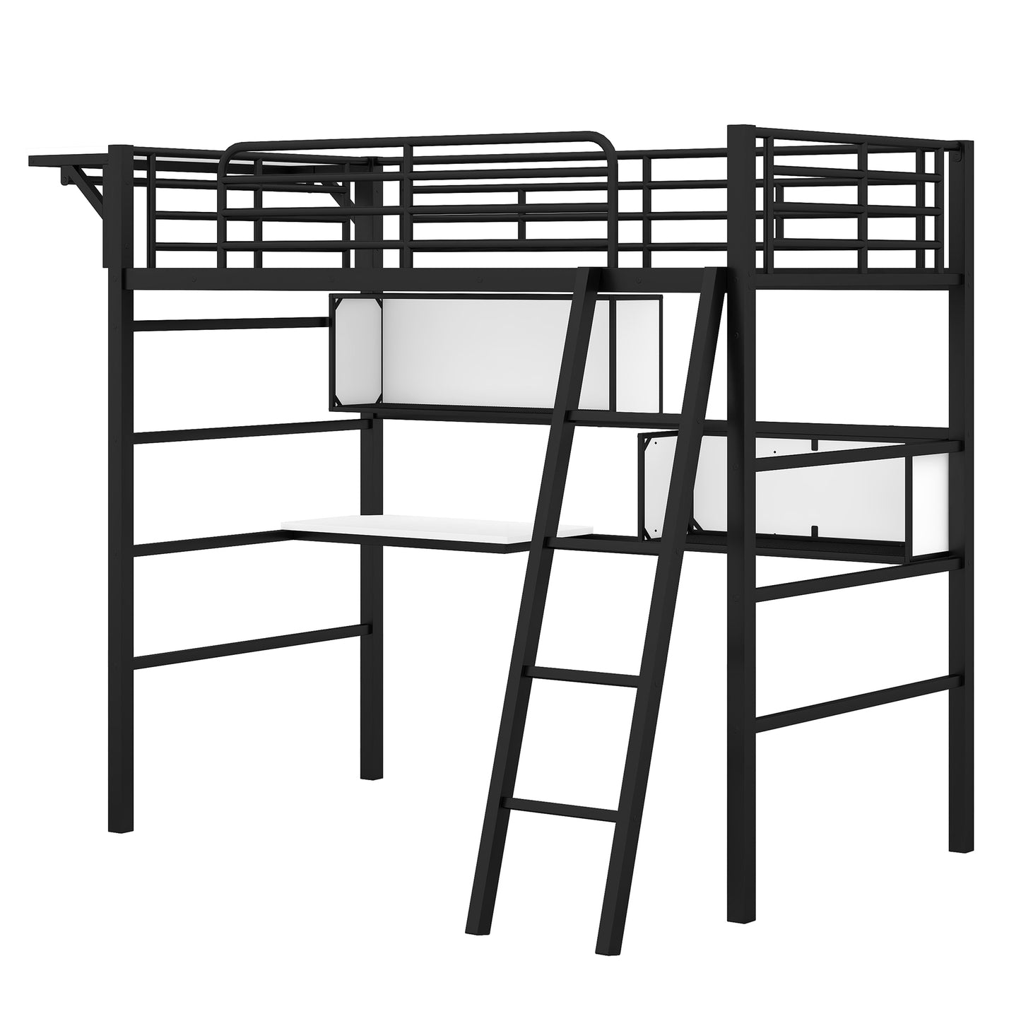 Twin Size Metal Loft Bed with 2 Shelves, a desk and a Hanging Clothes Rack, Black and White