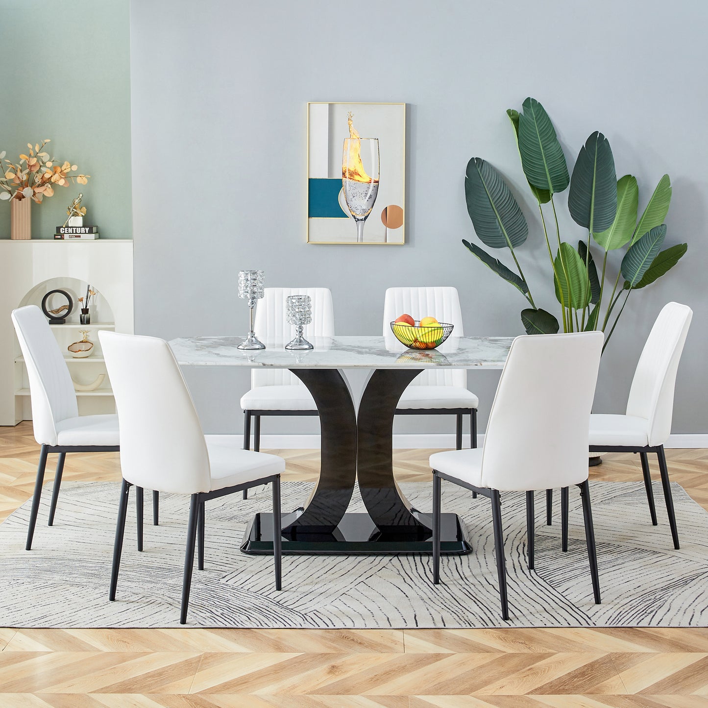 Faux Marble Dining Table Set with Convertible Base, Luxury Rectangular Kitchen Table for 6-8, Modern White Faux Marble Dining Room Table with MDF Base, Dining Table & 6 Chairs