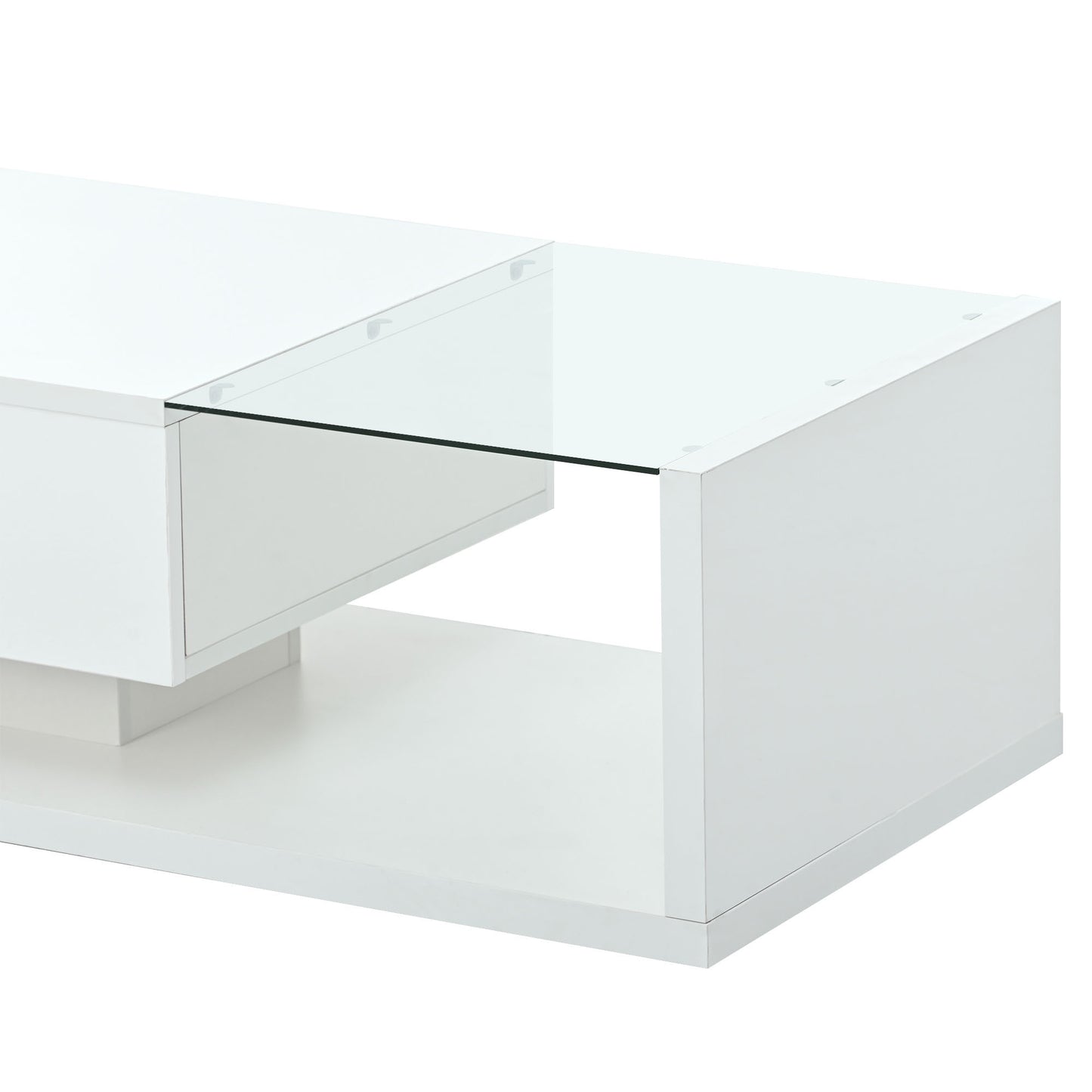 Contemporary White Coffee Table with Glass Top and High-Gloss Finish