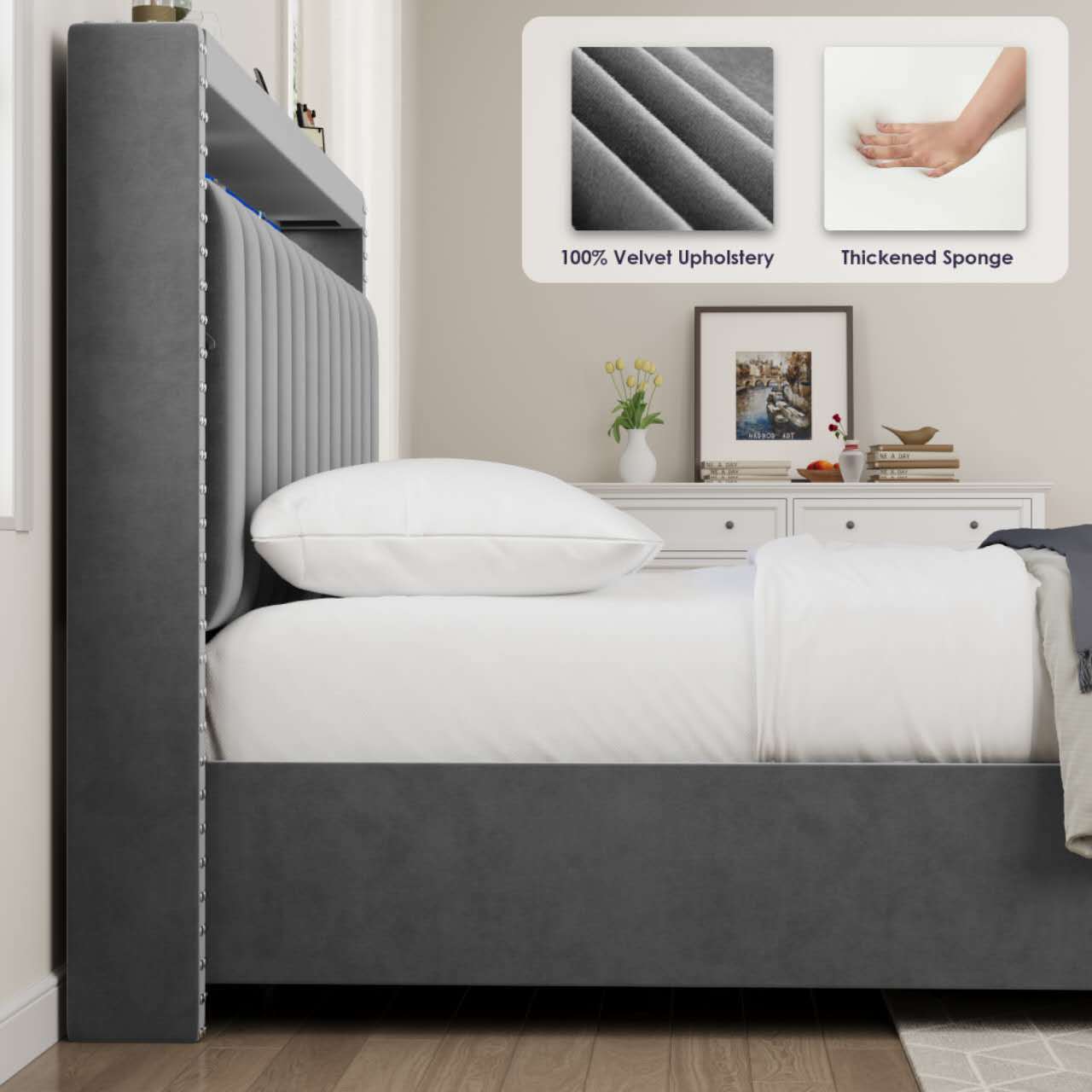 Luxury Gas Lift Storage Bed with RF LED Lights, Storage Headboard ,King Size ,Velvet Grey