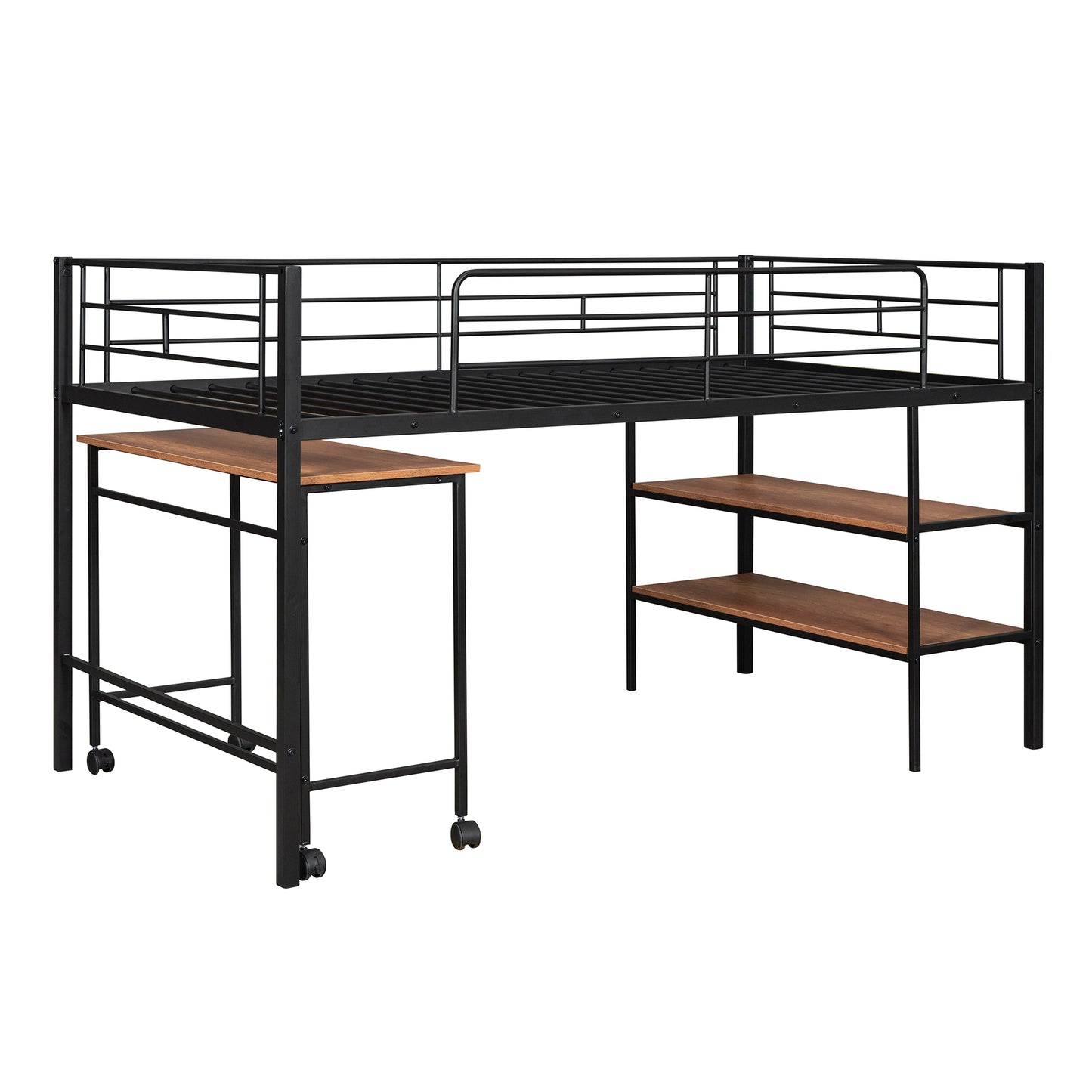 Twin Size Metal Loft Bed with Desk and Shelves,Black