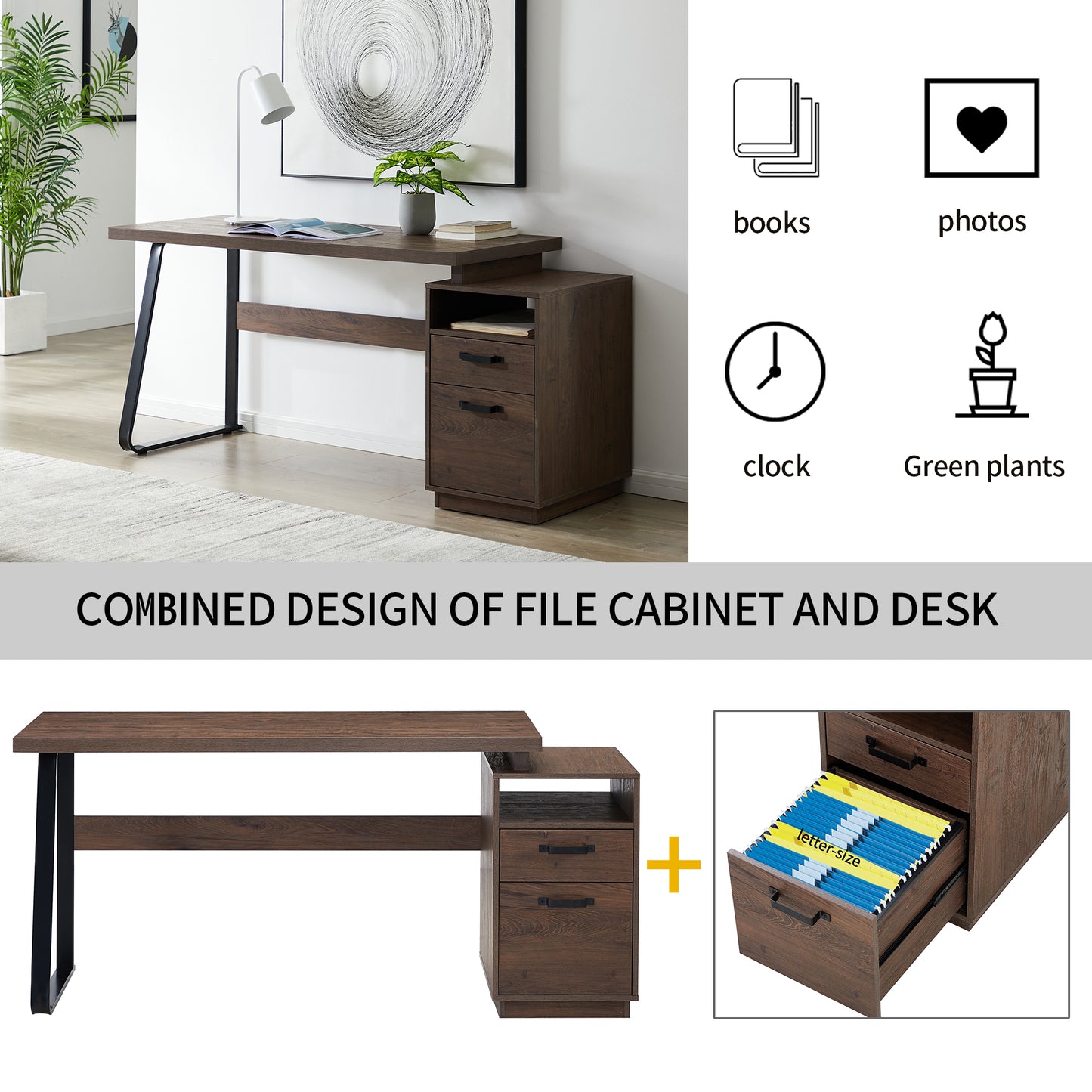 65-Inch Brown Writing Desk with File Cabinet and Drawer Storage