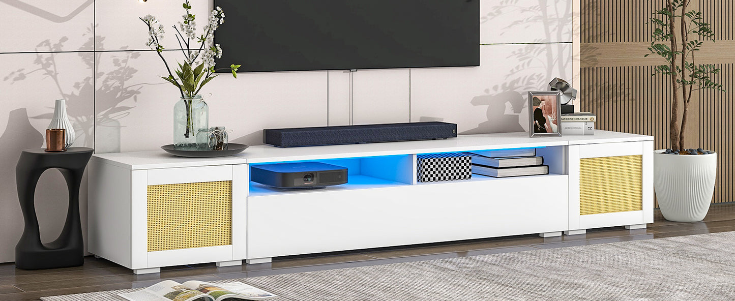 Modern White LED Entertainment Center with Rattan Style Accents and Color Changing Lights