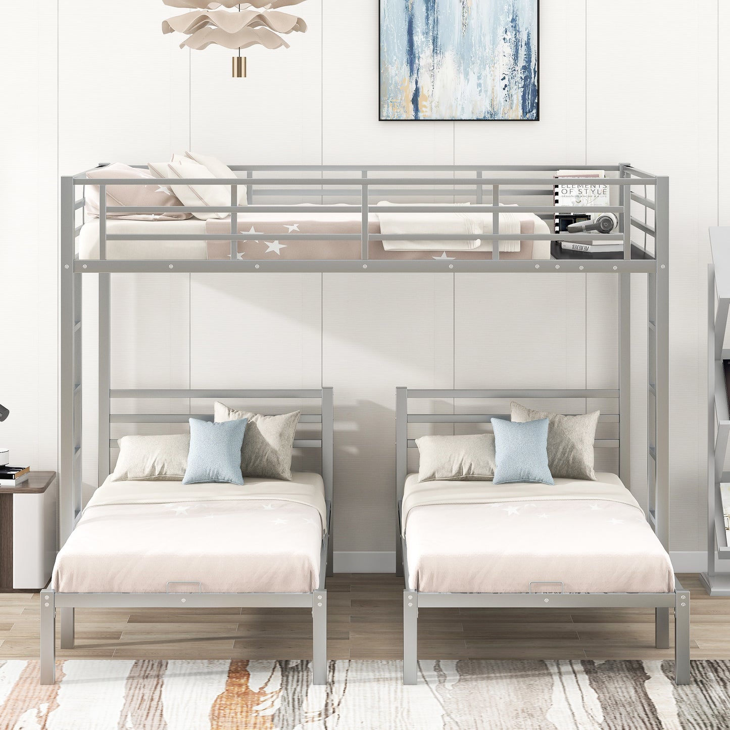 Space-Saving Silver Metal Triple Bunk Bed with Storage Shelf - Full over Twin & Twin Size