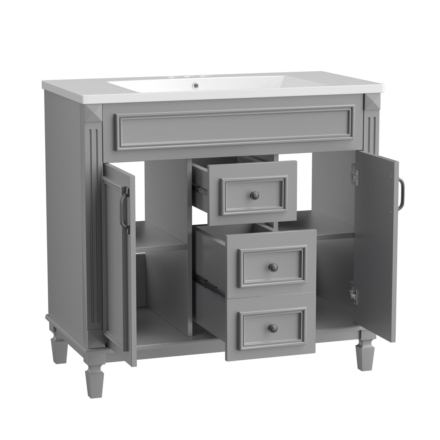 36'' Bathroom Vanity with Top Sink, Grey Mirror Cabinet, Modern Bathroom Storage Cabinet with 2 Soft Closing Doors and 2 Drawers, Single Sink Bathroom Vanity