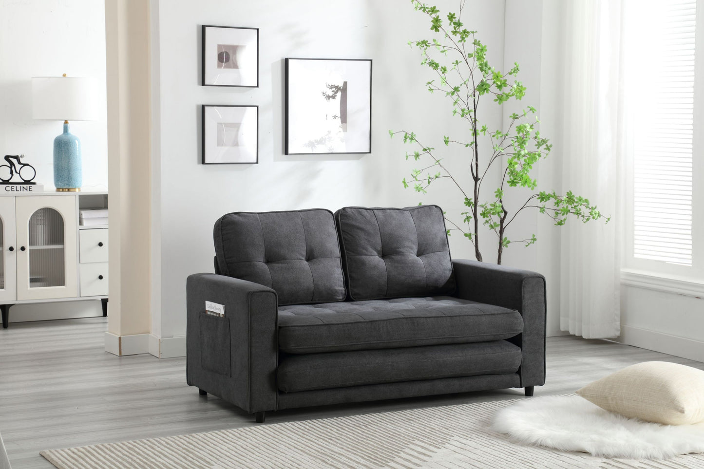 Convertible 3-Fold Sofa Bed with Side Storage, Velvet Linen Fabric