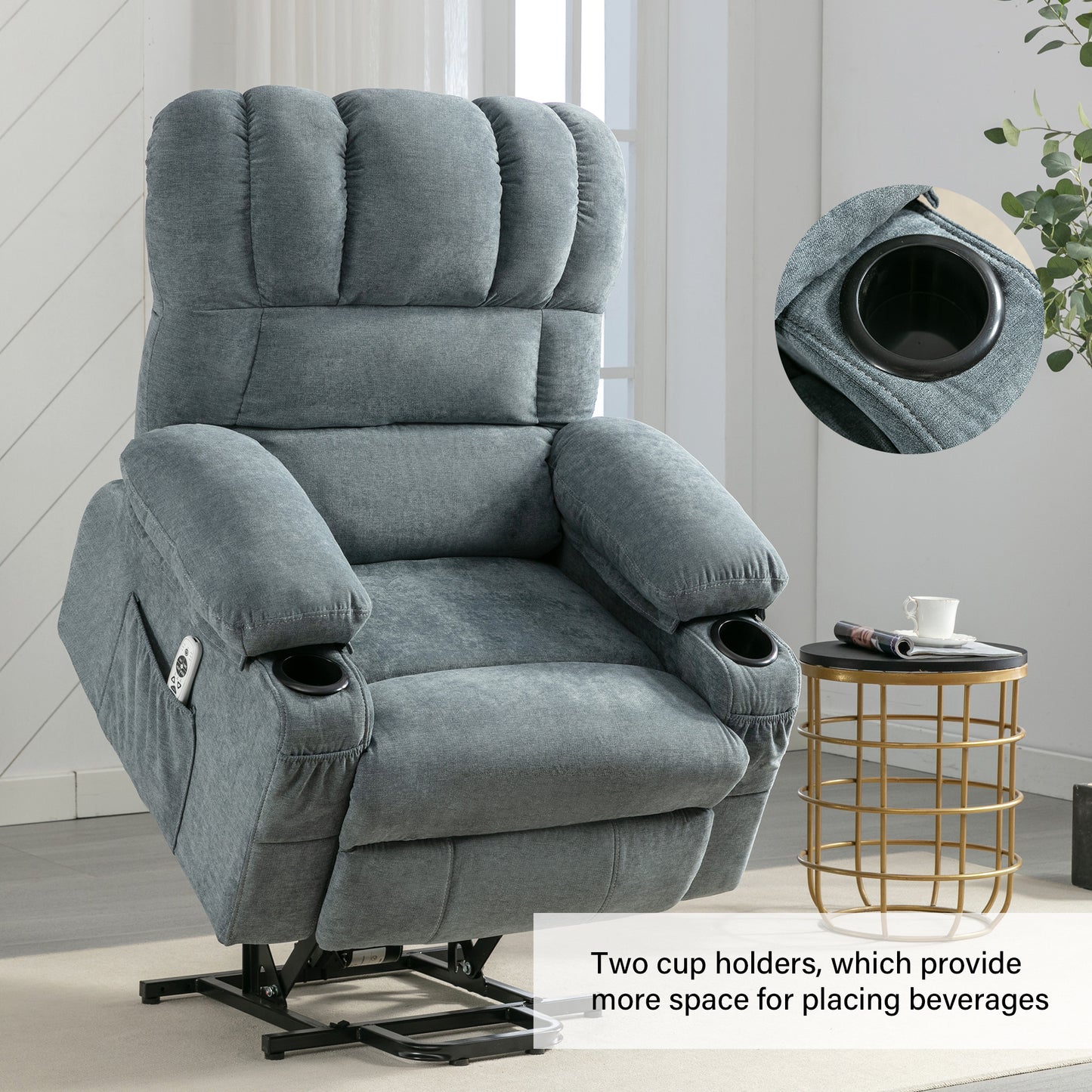 Blue Power Lift Recliner Chair with Massage, Heat, and Remote Control