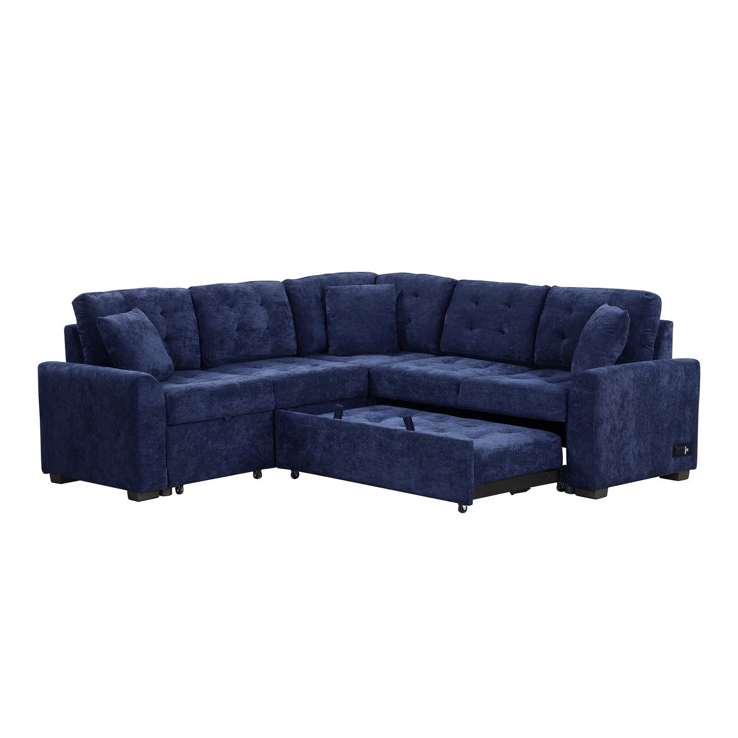 Convertible Navy Blue L-Shape Sleeper Sofa with USB Ports and Power Sockets