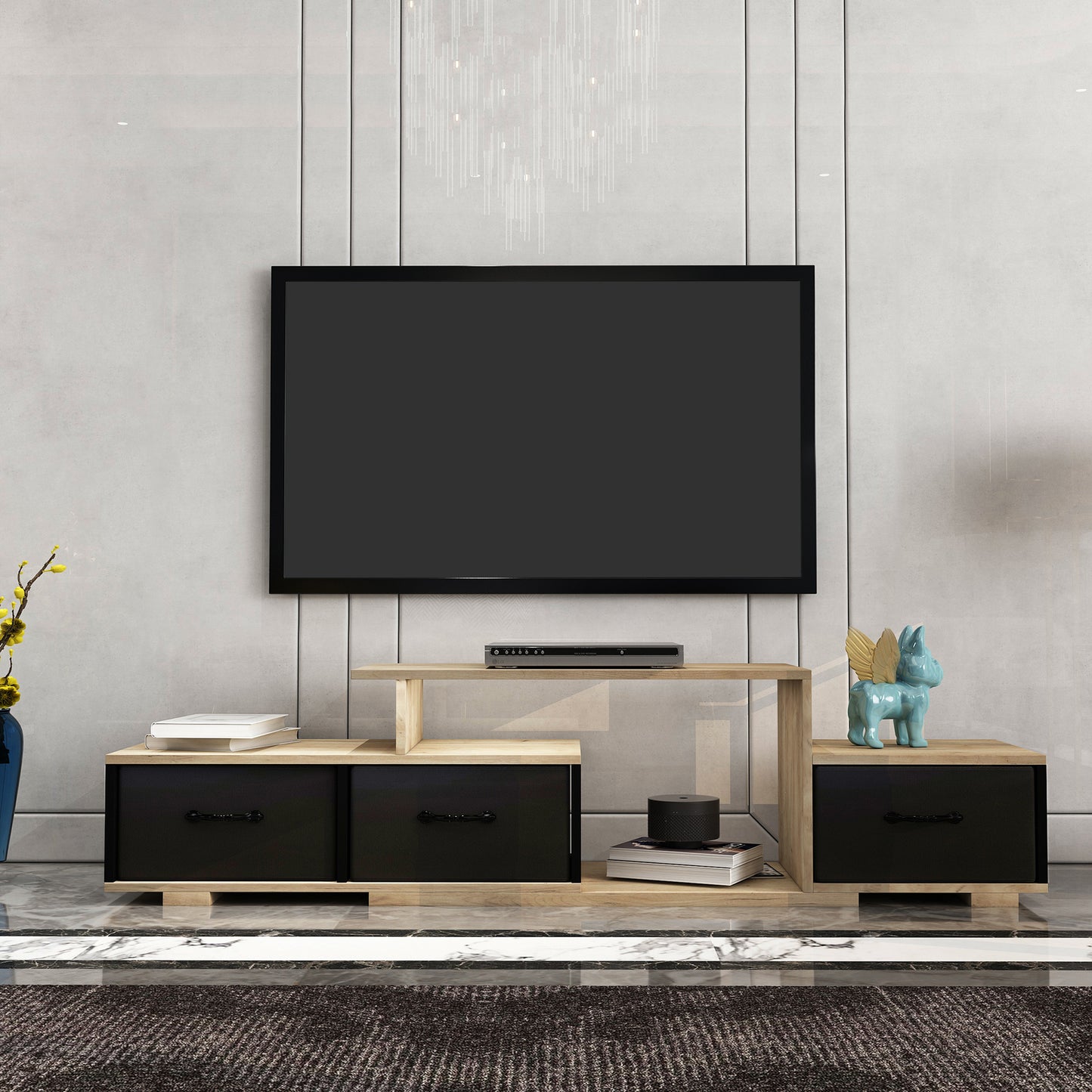 Elegant Light Brown and Black TV Stand with Foldable Fabric Drawer