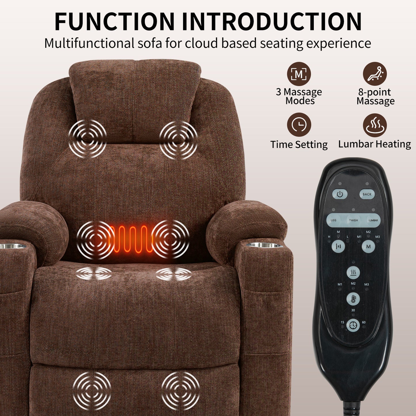 Okin Motor Chenille Power Lift Recliner Chair with Massage, Heating, USB Ports, and Cup Holders - Brown