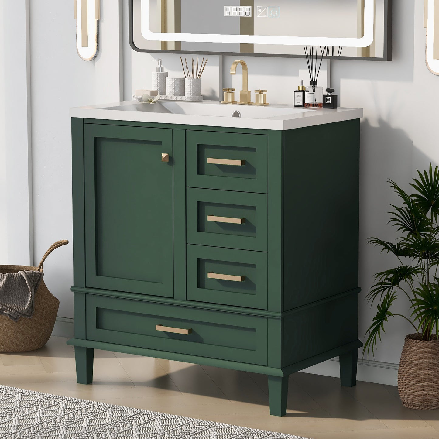 30" Bathroom Vanity in Green, Modern Bathroom Cabinet with Sink Combo Set, Bathroom Storage Cabinet with a Soft Closing Door and 3 Drawers, Solid Wood Frame