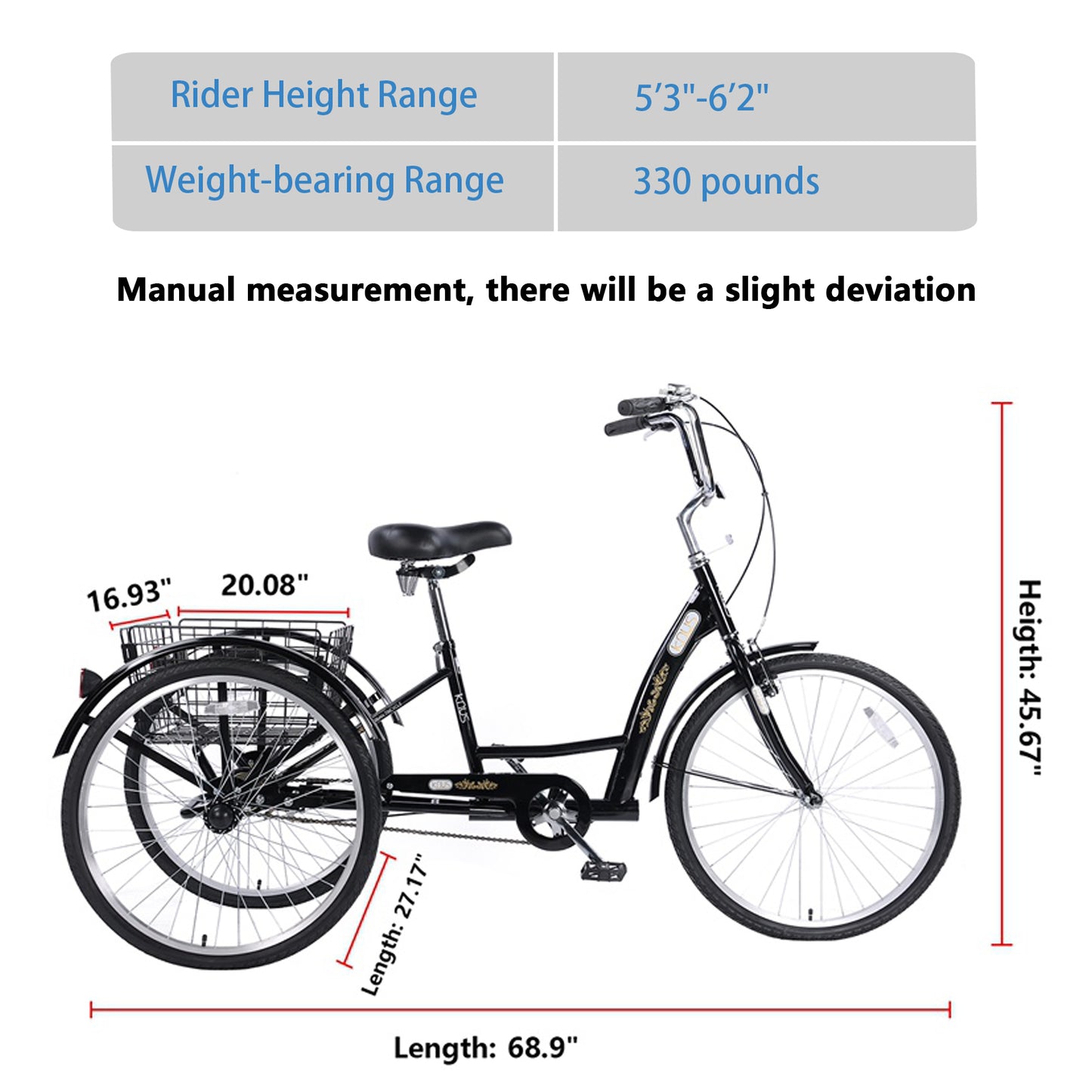 26'' European Adult  Tricycles 3 Wheel W/Installation Tools with Low Step-Through, Large Basket,  Tricycle for Adults, Women, Men